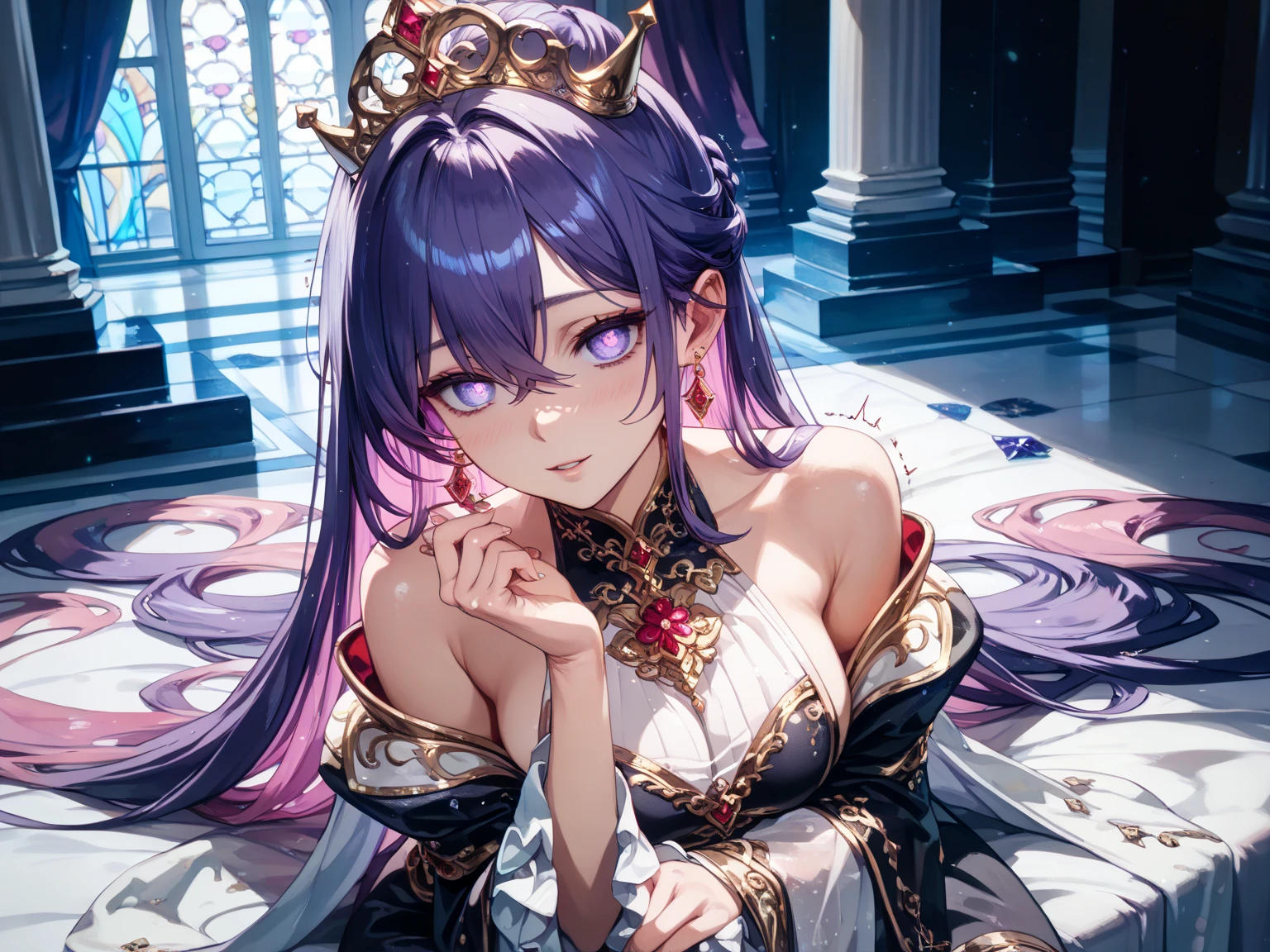 A_mighty_queen, purple_diamonds_on_cheeks, crown (muscular 1.9) purple_dress, (ruby_gems 1.1) inside_a_palace, ((powerful)) ((((masterpiece)))) large_character