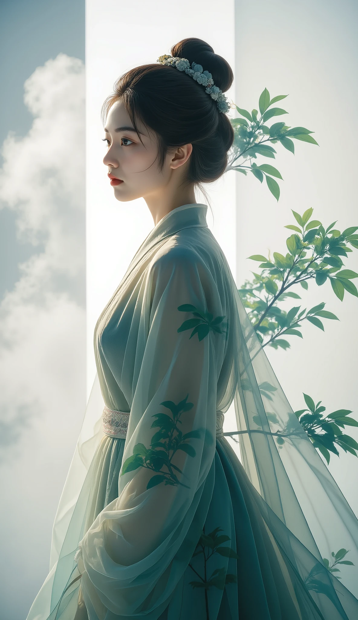 Double Exposure Style, Volumetric Lighting, a girl with Wrap top,arching her back,Traditional Attire,Artistic Calligraphy and Ink,, light depth, dramatic atmospheric lighting, Volumetric Lighting, double image ghost effect, image combination, double exposure style