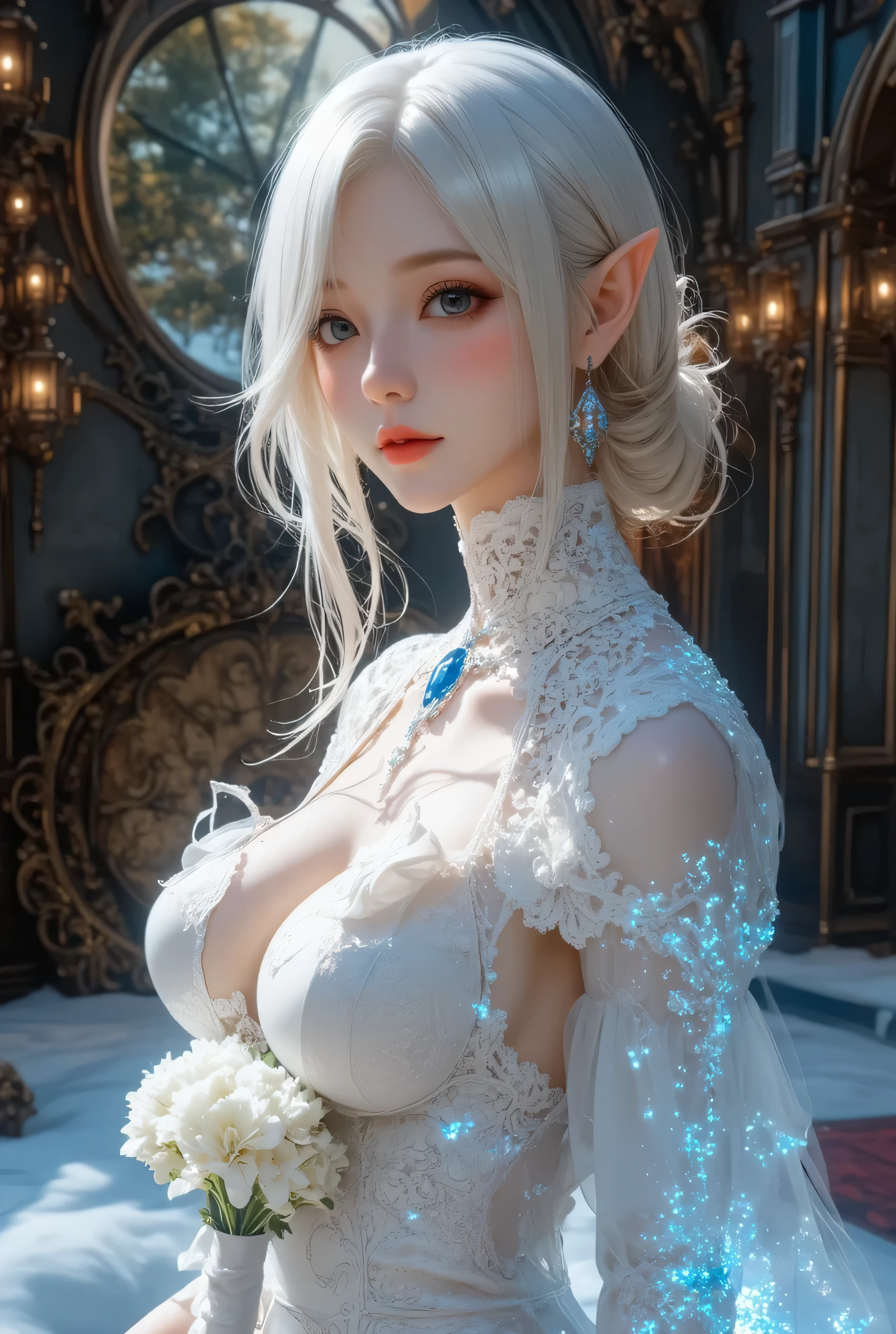 （raining day：1 silver-haired girl, Girl）， tmasterpiece， best qualtiy， RAW photogr， realisticlying， the face， Incredibly Ridiculous res， Beautiful elf beauty， ear studs，Get wet all over， (short, Hair is silvery)，Two ponytails,Office Lady，office lady uniform，lacy stockings，high-heels,Collar,leg loops，depth of fields， A high resolution， ultra - detailed， filigree， RAWE is very detailed， very detailed eyes and faces， Sharp pupils， realistic pupil， tack sharp focus， cinmatic lighting，full bodyesbian，Bigboobs，long leges，From the front side，Main street on a rainy day，dynamicposes