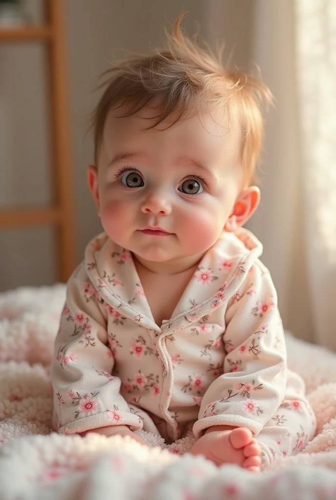 A girl, age , Solo, adorably chubby cheeks, blue eyes, innocent expression, blonde curls, pink onesie, soft and realistic skin texture, tiny fingers and toes, wearing a pink bow in her hair, looking directly at the viewer, captured in the purest moment of innocence and reality.