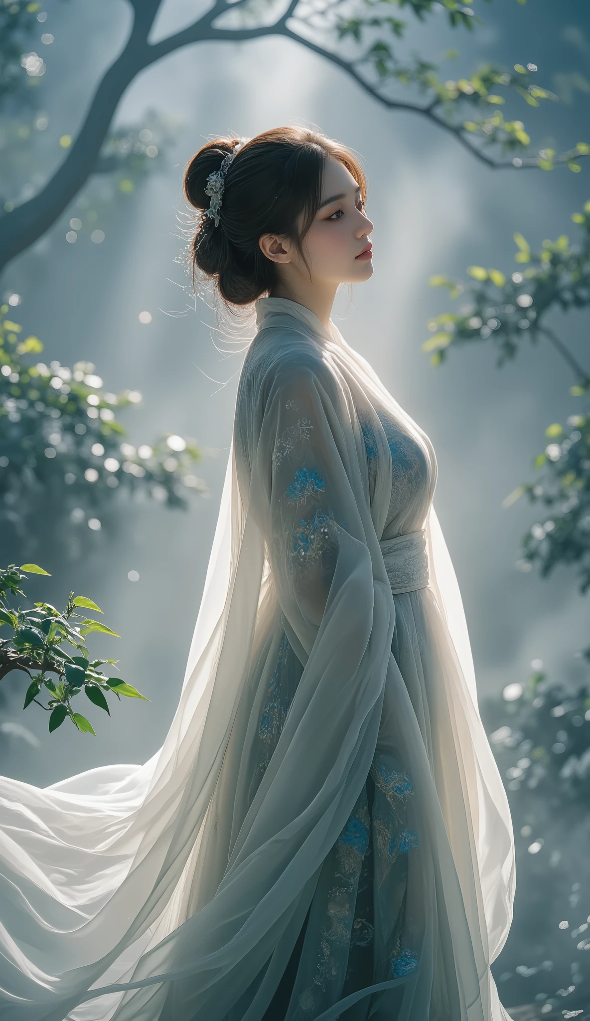 Double Exposure Style, Volumetric Lighting, a girl with Wrap top,arching her back,Traditional Attire,Artistic Calligraphy and Ink,, light depth, dramatic atmospheric lighting, Volumetric Lighting, double image ghost effect, image combination, double exposure style