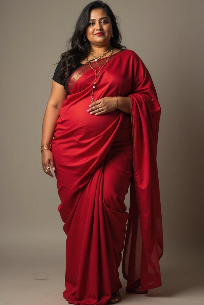8K, best quality, ultra-high res, sharp focus, cinematic, professional, full-body, hyperdetailed, photorealistic, soft-lighting. Tall, curvy, plus-sized woman, plump face, big chest, deep cleavage, glowing skin, beautiful makeup (deep eyeliner, thick lashes, clear eyes), long curly highlighted hair. Red silk saree, deep-neck blouse, intricate embroidery, bra-style, plated folds. Background: Mize Mill Falls, Sipsey Wilderness, lush greenery, soft lighting, tranquil. Confident, elegant pose, full-length frame, emphasis on height, curves, powerful presence.