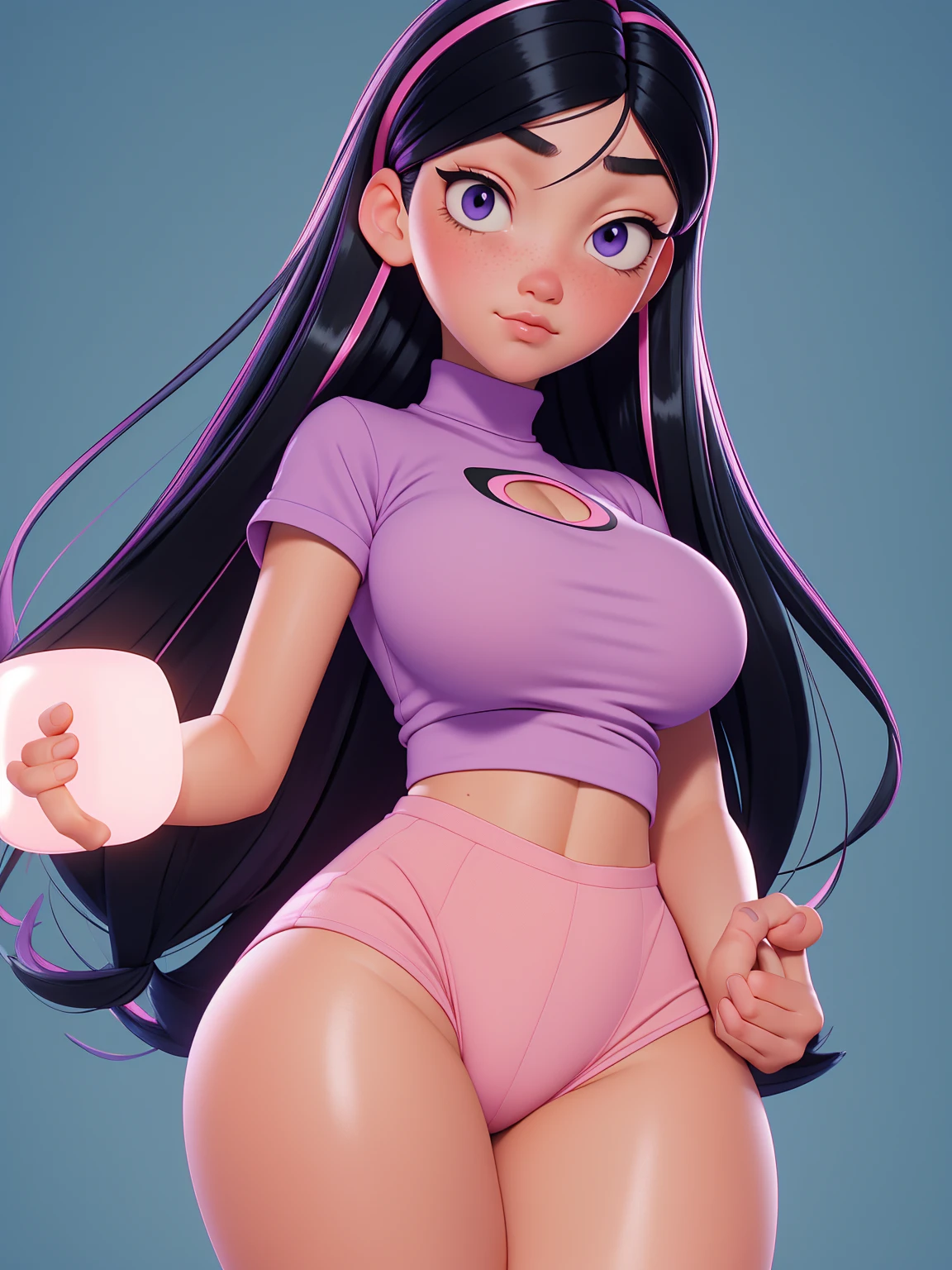 (best quality:1.4),(shiny skin), body focus, (cute face), (((best quality))), illustration, ((Beautiful Finger)), , Beautiful body, Beautiful character design, ,perfect lighting, Colorful, Bright_Front_face_Lighting, ultra high res, highres, absurdres:1.2, bokeh:1.2, lens flare, (vibrant_color:1.2), (Beautiful, medium breasts:1.2), (thick thighs:1.1), THICK, 
holding green folder or book, small nose, long black hair with pink hair clip, purple shirt, looking sideways, pink blush on cheeks, large blue eyes, white left eye with black pupil visible, ((cameltoe)), (((underboobs))), ((shirt lifted)))