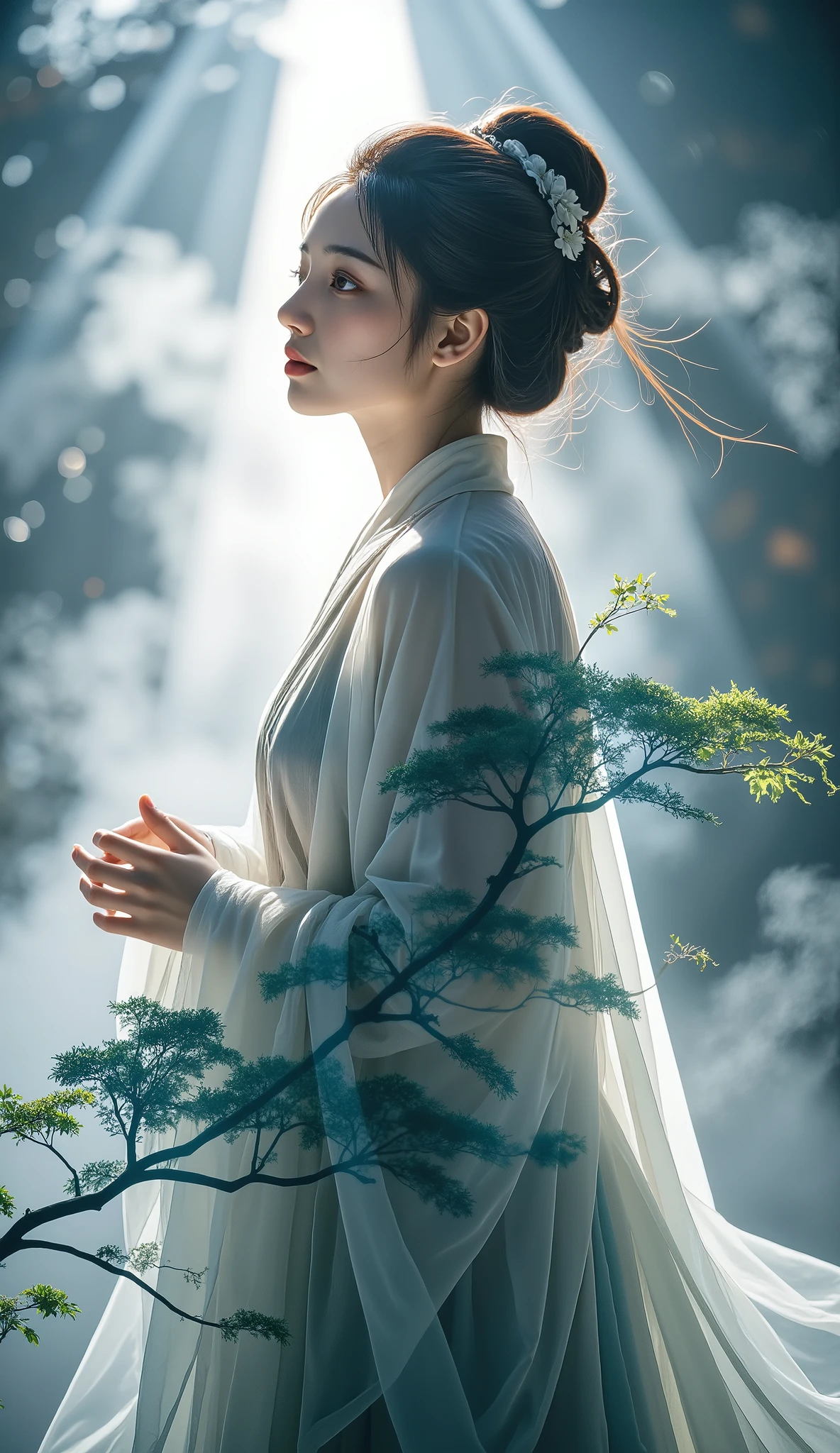 Double Exposure Style, Volumetric Lighting, a girl with Wrap top,arching her back,Traditional Attire,Artistic Calligraphy and Ink,, light depth, dramatic atmospheric lighting, Volumetric Lighting, double image ghost effect, image combination, double exposure style