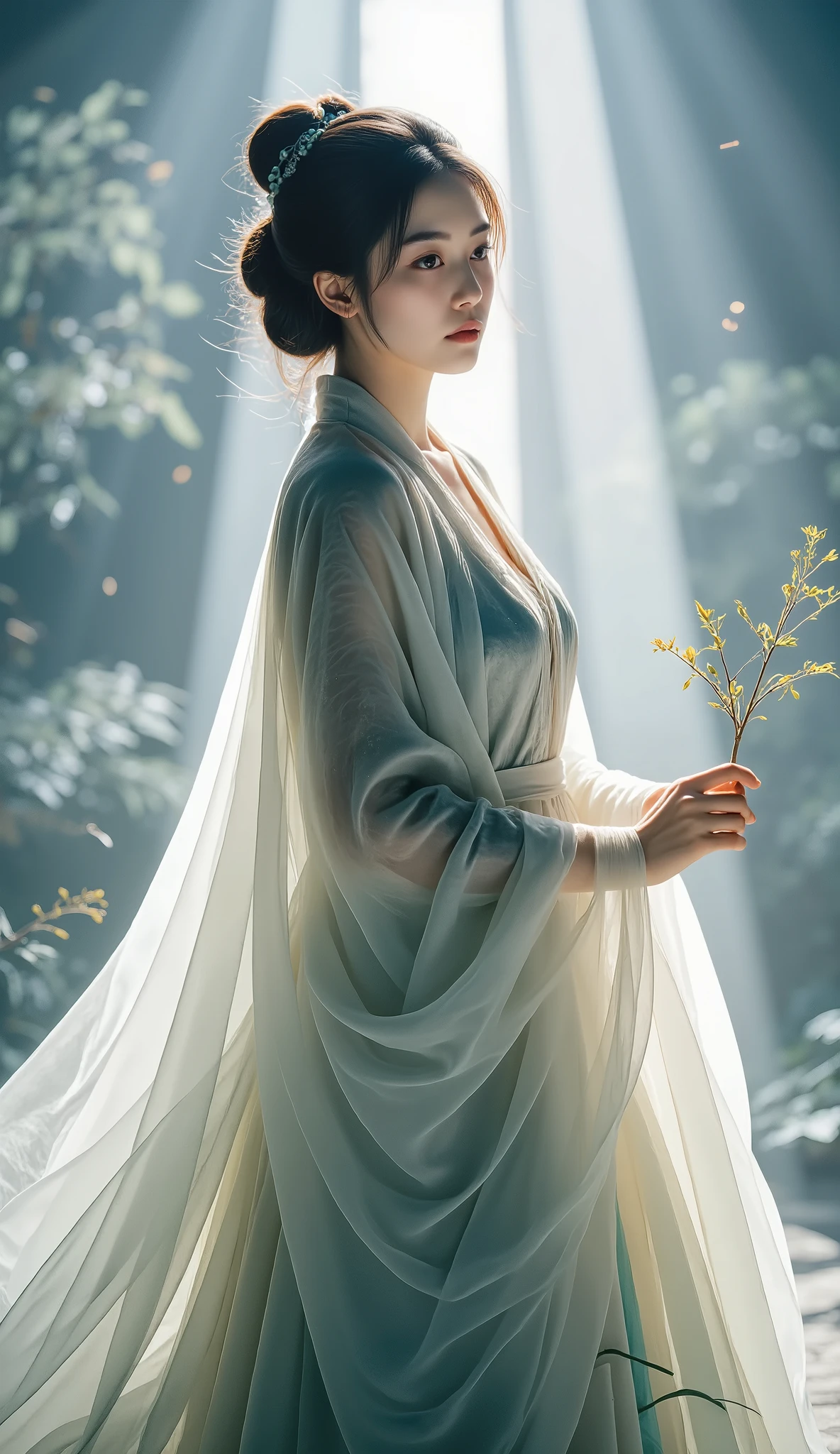 Double Exposure Style, Volumetric Lighting, a girl with Wrap top,arching her back,Traditional Attire,Artistic Calligraphy and Ink,, light depth, dramatic atmospheric lighting, Volumetric Lighting, double image ghost effect, image combination, double exposure style