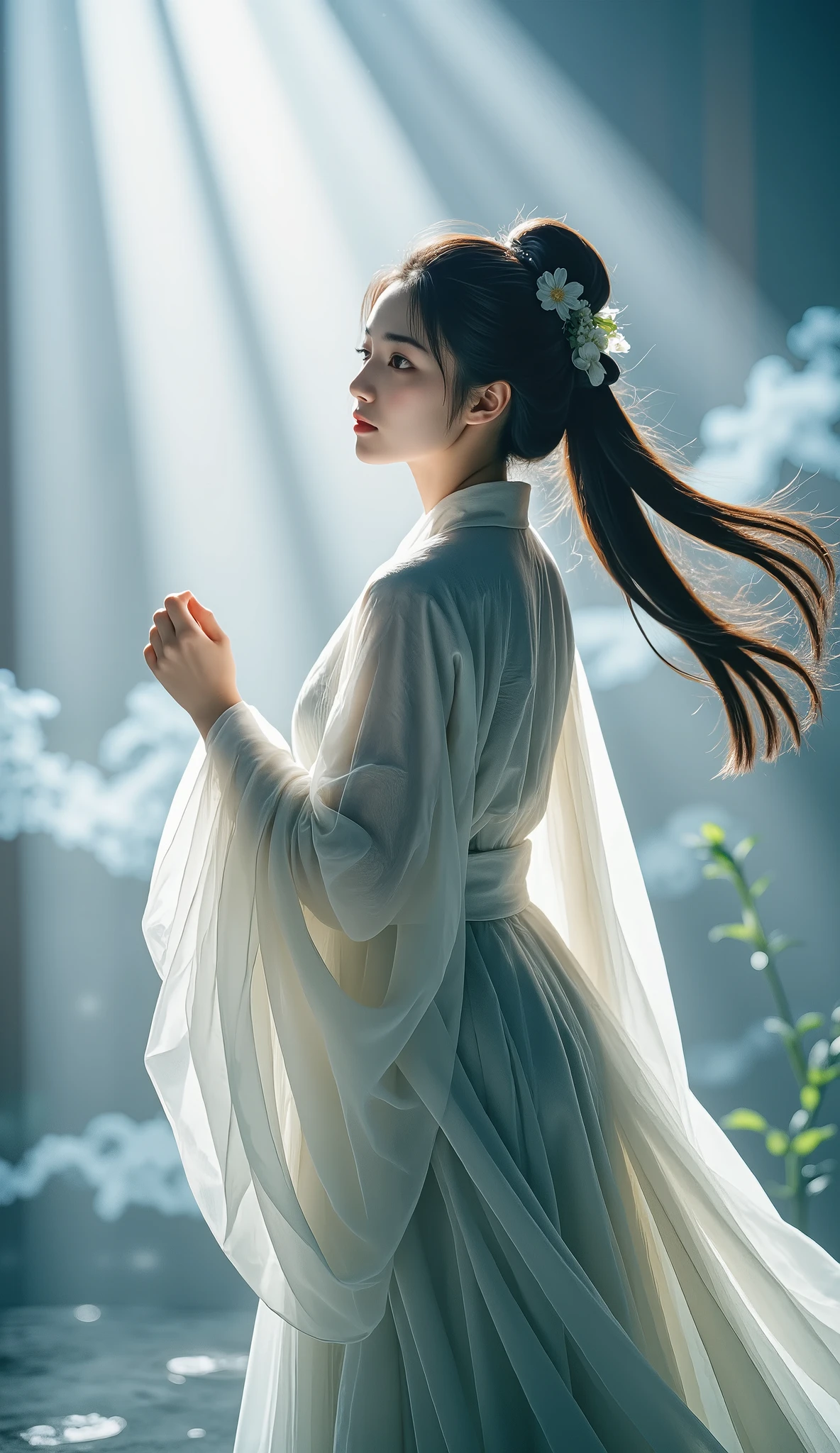 Double Exposure Style, Volumetric Lighting, a girl with Wrap top,arching her back,Traditional Attire,Artistic Calligraphy and Ink,, light depth, dramatic atmospheric lighting, Volumetric Lighting, double image ghost effect, image combination, double exposure style