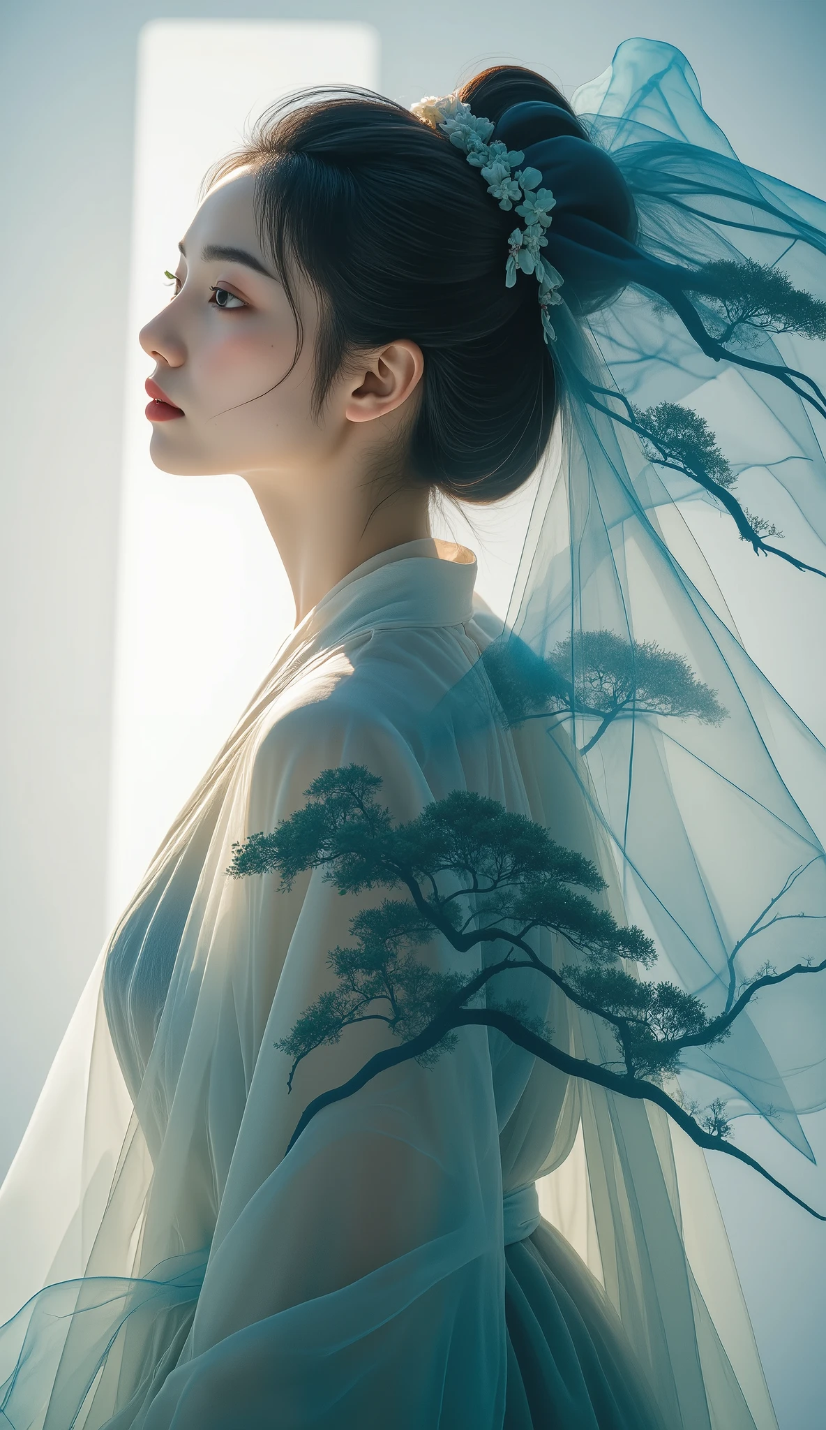 Double Exposure Style, Volumetric Lighting, a girl with Wrap top,arching her back,Traditional Attire,Artistic Calligraphy and Ink,, light depth, dramatic atmospheric lighting, Volumetric Lighting, double image ghost effect, image combination, double exposure style