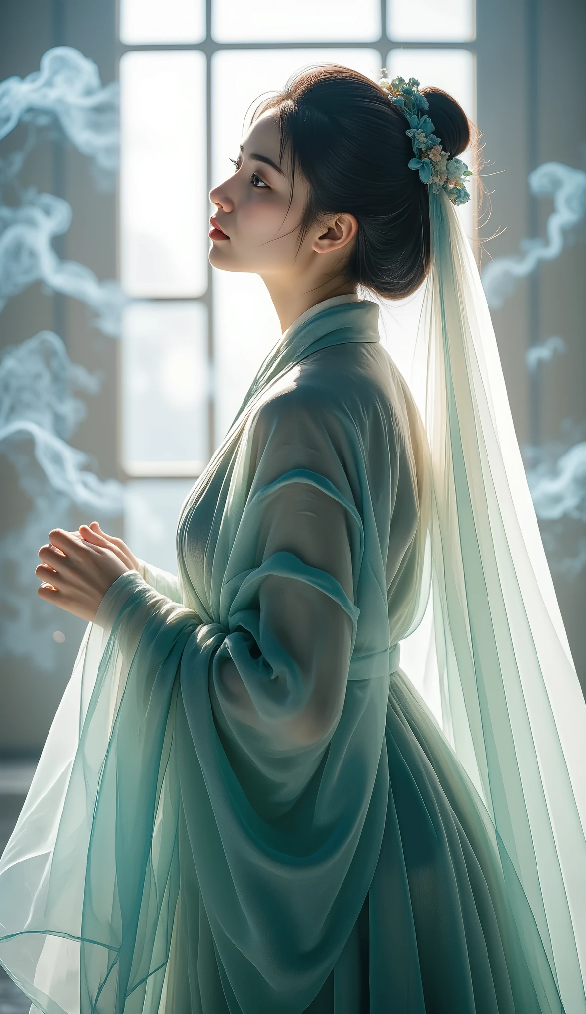 Double Exposure Style, Volumetric Lighting, a girl with Wrap top,arching her back,Traditional Attire,Artistic Calligraphy and Ink,, light depth, dramatic atmospheric lighting, Volumetric Lighting, double image ghost effect, image combination, double exposure style
