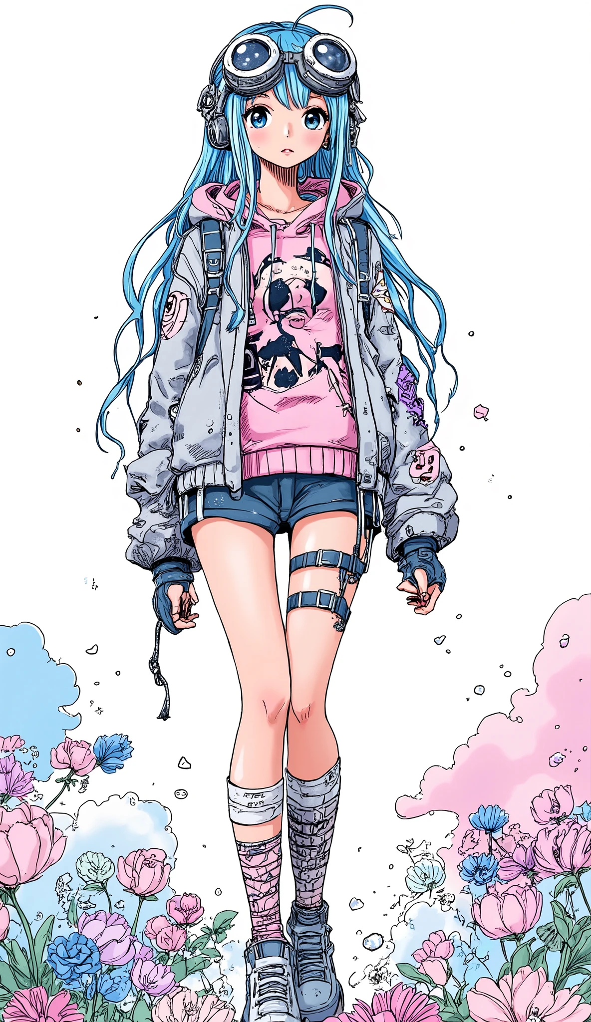 Alone、alone、girl、ultra detailed、pastel art、background is stark white、on3pi3c3styl3、ground、pastel collar、beauties、Big Breasts、adult、(Thor:1.8)、bikini armor、is ashamed、rocket launcher、(gray)jacket、sniper goggles