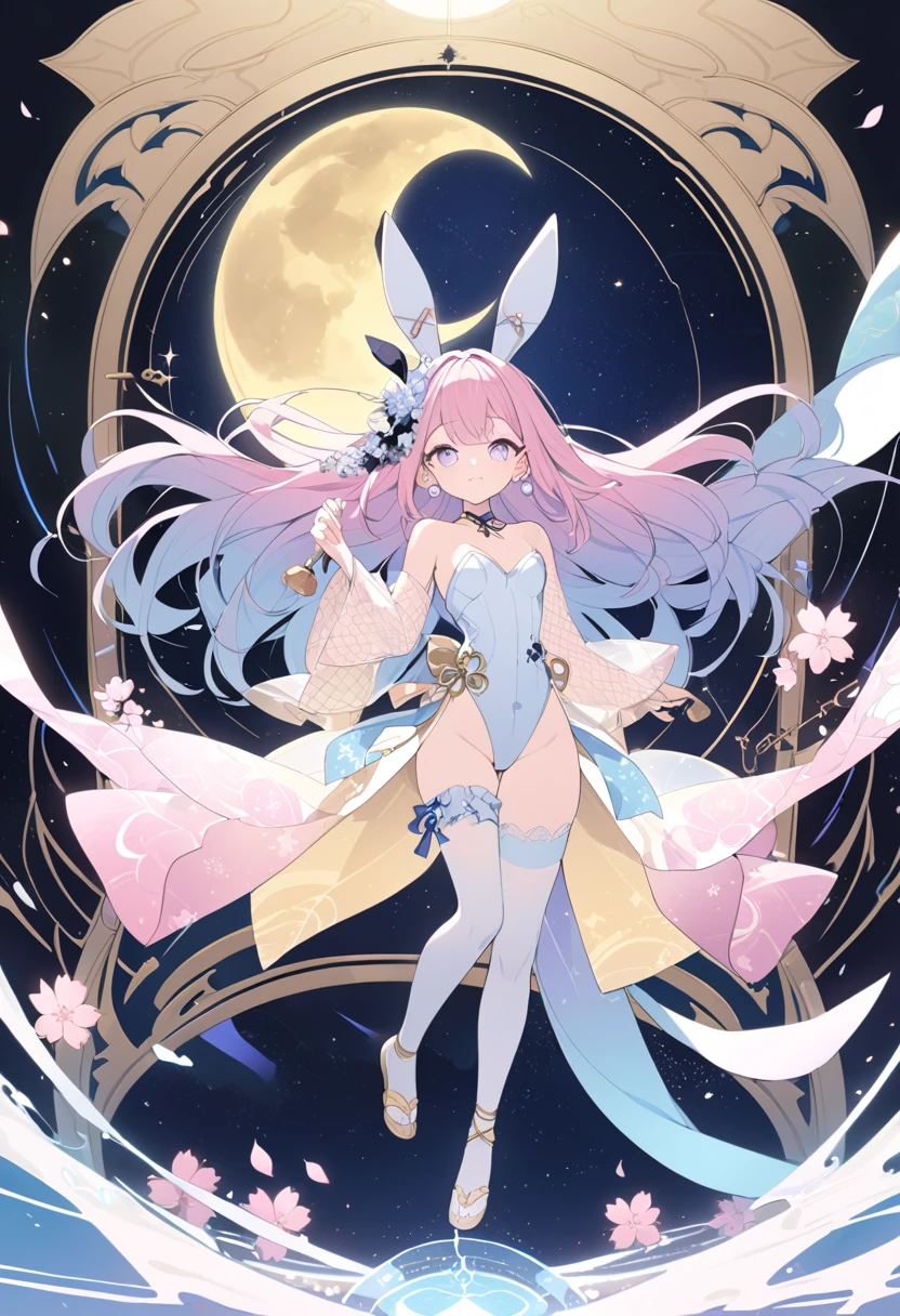 pink hair,white pantyhose,bunny outfit magical girl,sitting bed,Pubic Pose,Arms behind,Fantasy,starry,the dream lands,Large Crystal Tree,a lot of iridescence sphere,celtic,Dark,Night,bedroom,moon,shoot from below