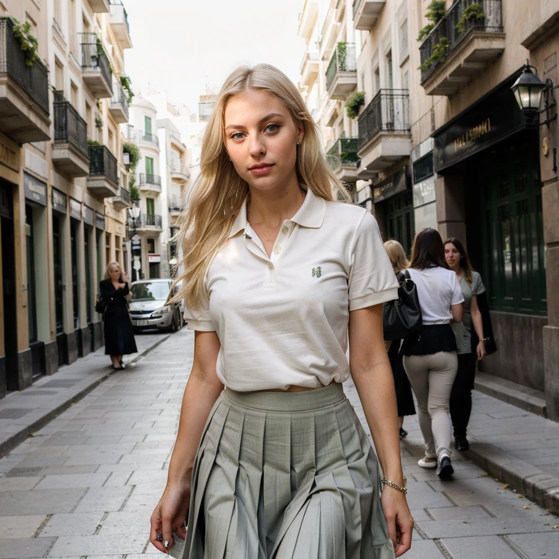 1Girl 16 years old, Lange Haare, Klein , blonde Haare, nackte Schultern, Augen, Schmuck, full whole body, Braun gebrannt, realistisch, posieren, Stadt, Rock