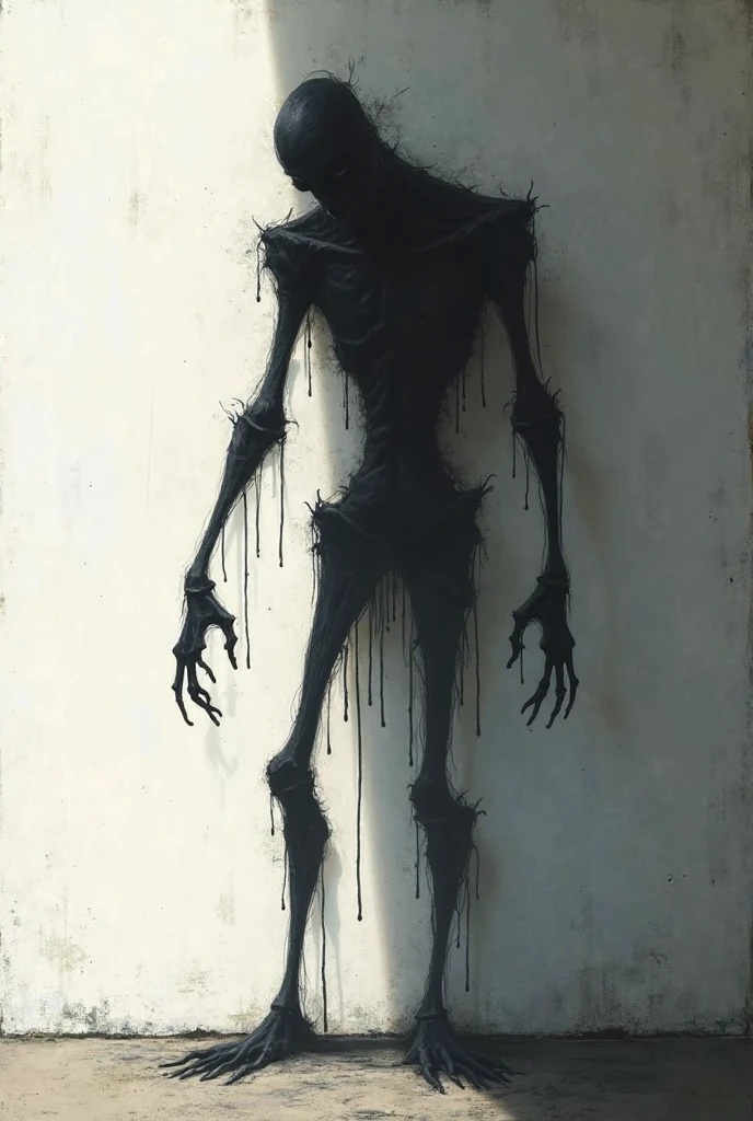 horror monster, humanoid, weak, forest in background, first person viewn, shadow, dark ambient, fog, empty eyes, long arms, bruised torso, broken neck, skin