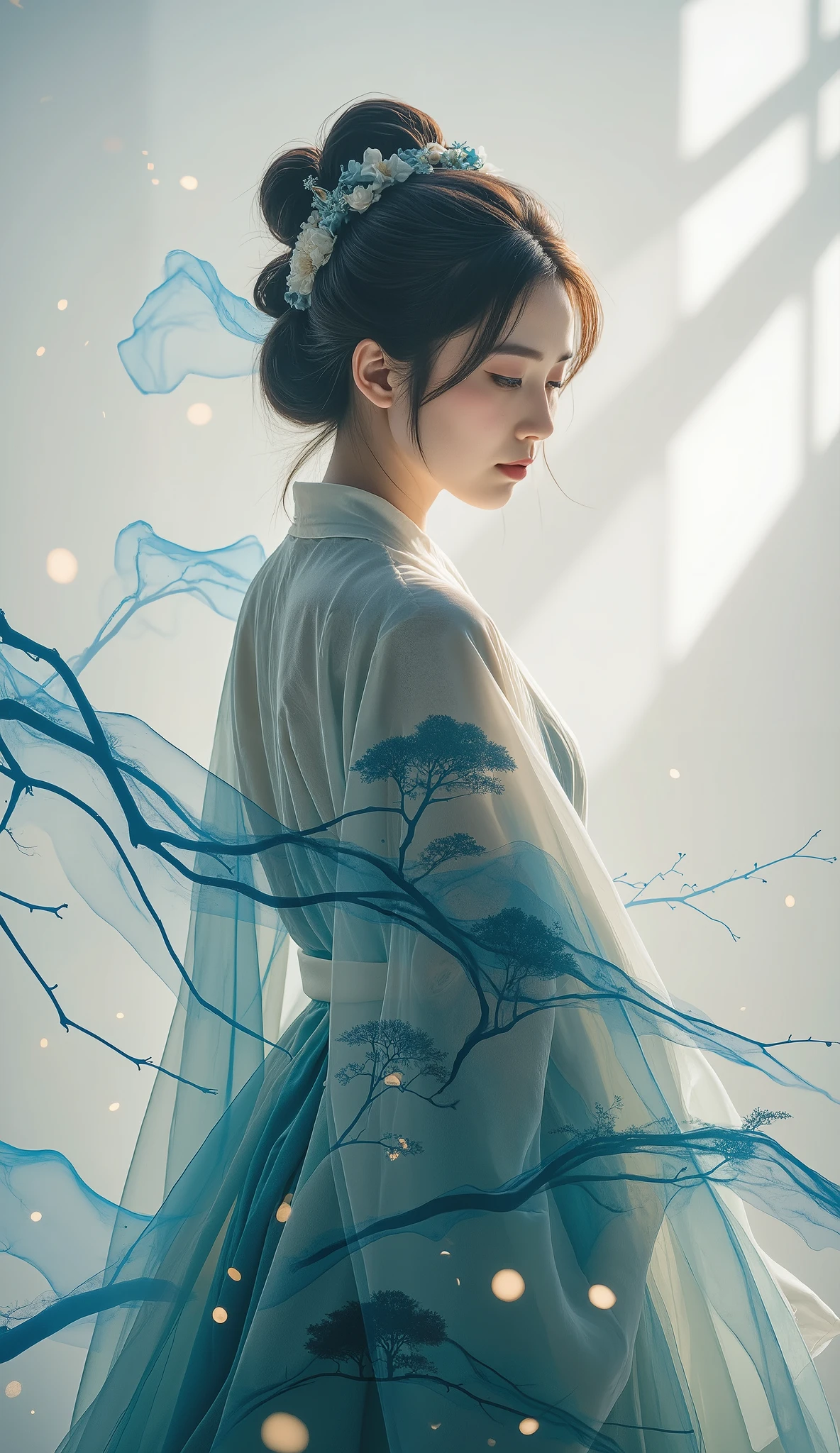 Double Exposure Style, Volumetric Lighting, a girl with Wrap top,arching her back,Traditional Attire,Artistic Calligraphy and Ink,, light depth, dramatic atmospheric lighting, Volumetric Lighting, double image ghost effect, image combination, double exposure style