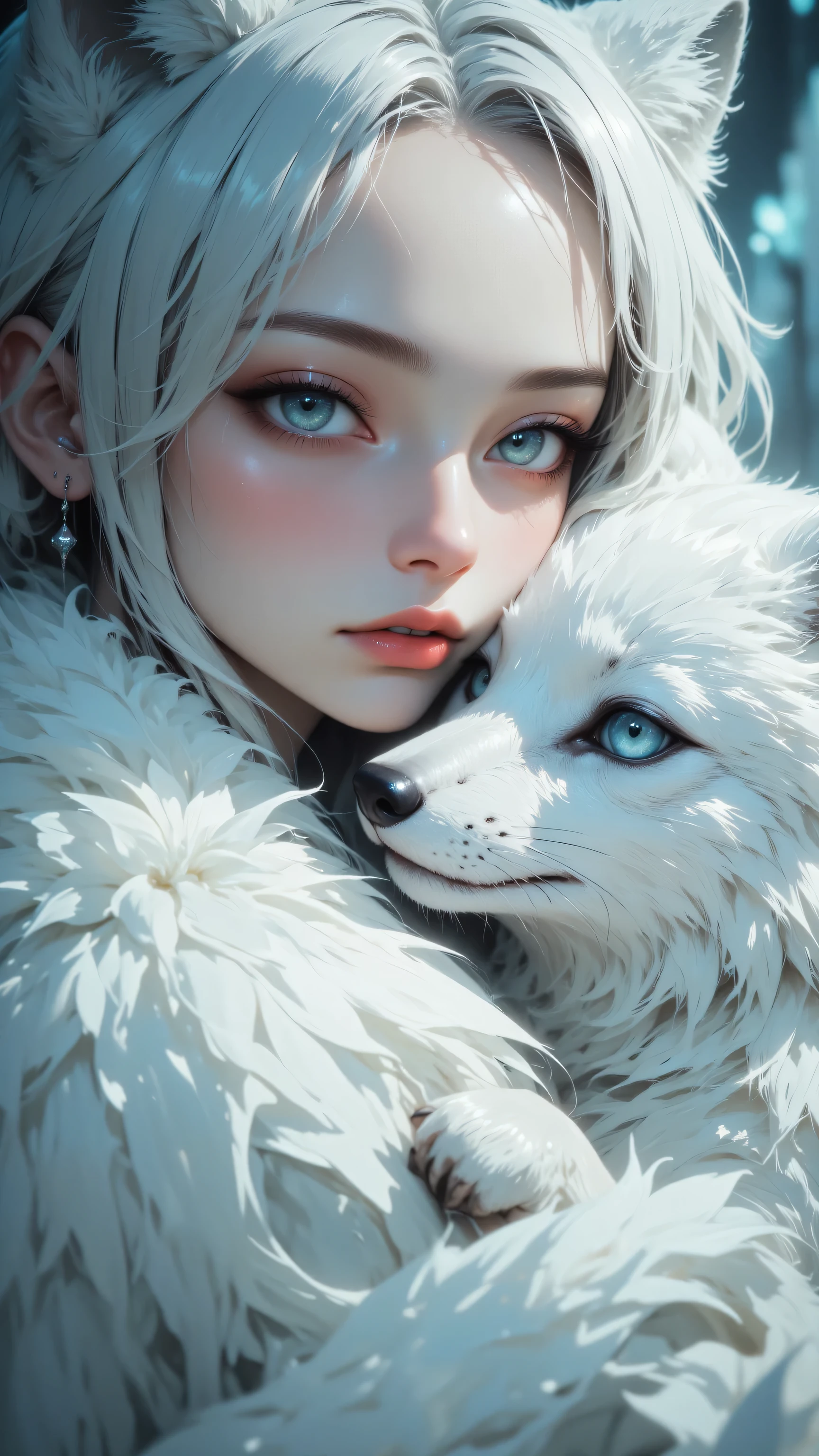 8k, Masterpiece, Top Quality, Close-up, pale skin, light blonde hair, light blue eyes, red lips, serene expression, white arctic fox, embracing, fluffy fur, soft diffused lighting, out-of-focus background, ethereal, dreamlike, fairytale, otherworldly.