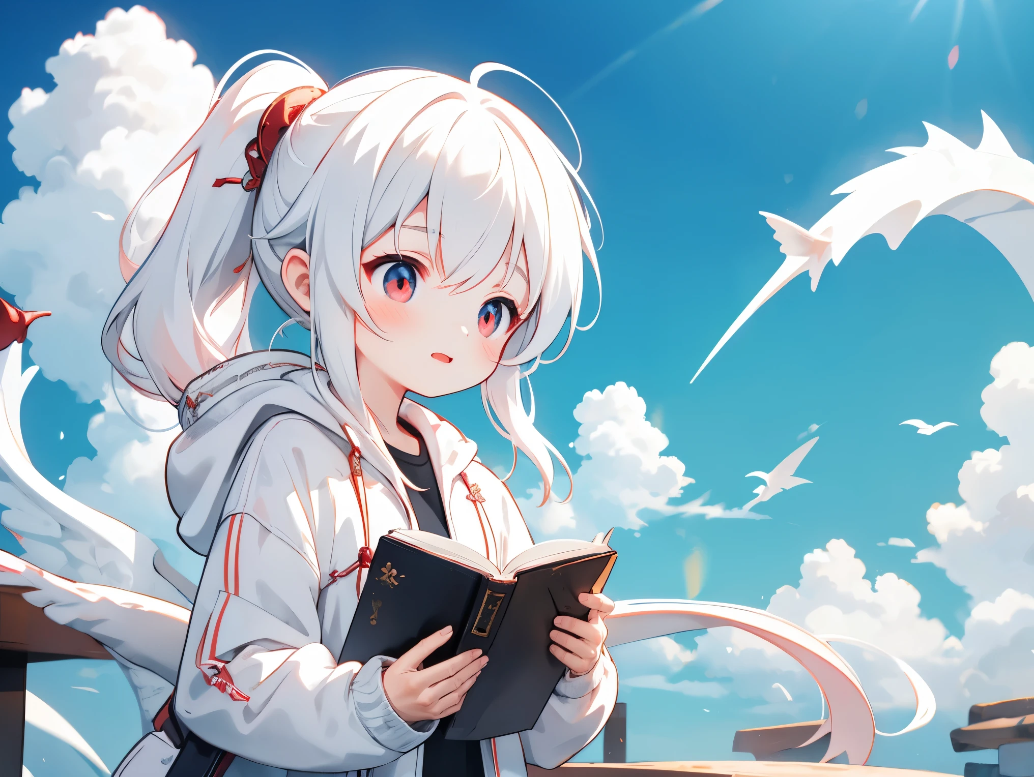 Red Dragon Girl，   double ponytail，White Lightweight Jacket，The Magnificent Jackie ，  holding a book ，Dragon Horn，Dragon Wing，Dragon Girl with Dragon Characteristics