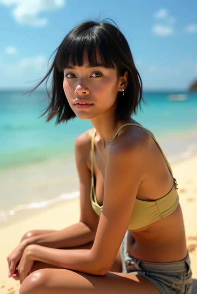 Young latina woman with black hair in a buzz cut hairstyle of hourglass silhouette, she wears a cream colored crop tshirt And shorts, she front faces the camera with the sea behind her, Gentle waves break against the shore, leaving white foam as they retreat into the clear blue-green water. the horizon behind her head in an overcast And grey morning