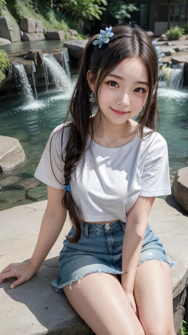 ( 3 girls), Masterpiece, Highest quality, 8ก, beautiful girlYoung faceวัยใส、Young face 、beautiful girl, young face、Young face 、smile、Cute face,blue eyes (((9 ))) braided hair,Flower Hair Ornaments、 diamond necklace、Wearing a denim skirt, a random colored T-shirt, and extra-long twin tail hairs.、 photography, Look into the camera、small waist, thigh,Sitting on a rock in a waterfall,Push your chest up.、(((The chest is erect...)))(((round chest)))(((big breasts:1.0)))