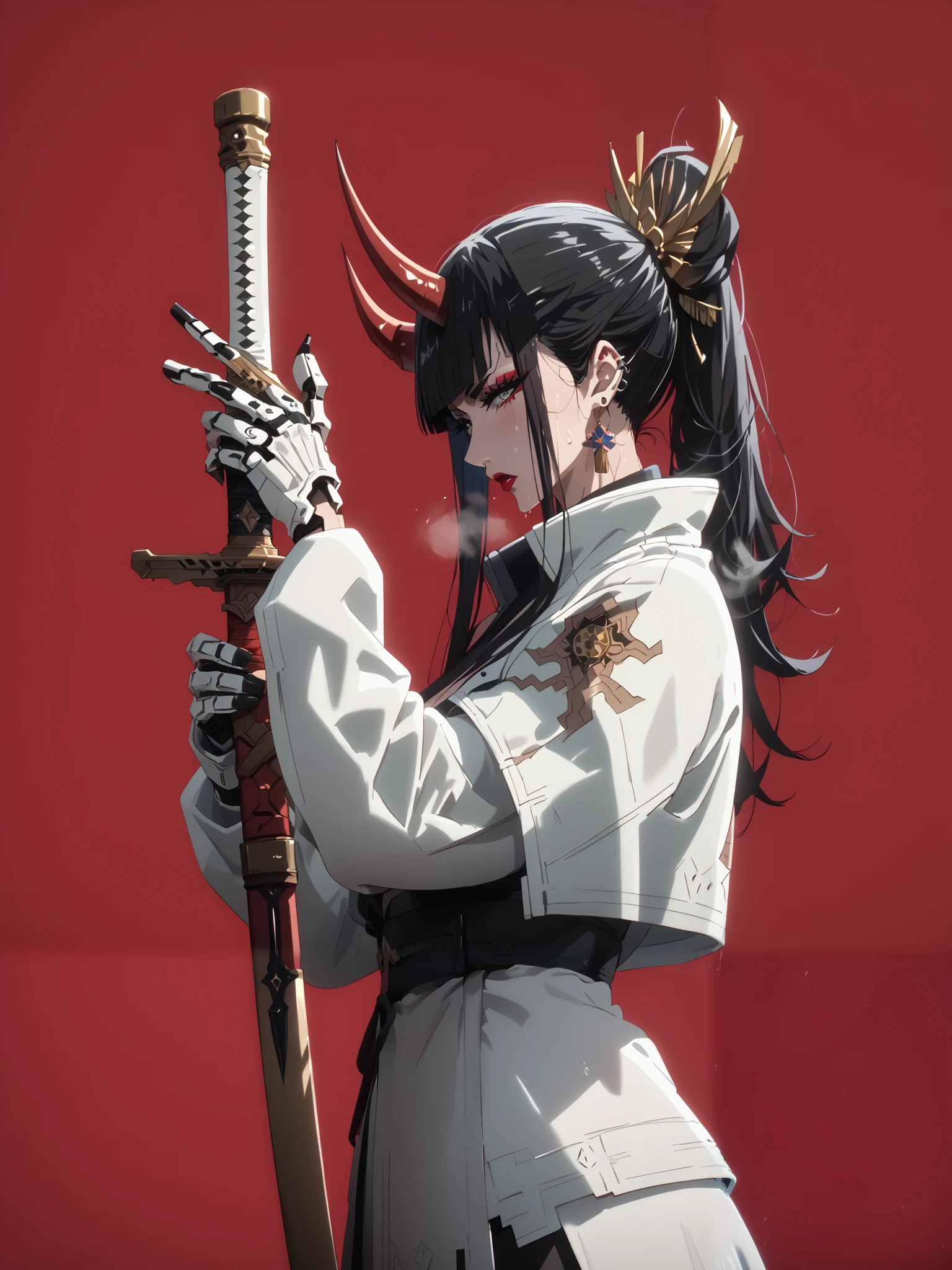 GotExpressCinematic, score_9, score_8_up, score_7_up, score_6_up, uncensored, senjumaru shutara, long hair, bangs, blunt bangs, black hair, sidelocks, black eyes, makeup, lipstick, red lipstick, large breasts, bright pupils, anime coloring, anime screencap, (voluptuous:1.3), (thick:1.3), BREAK UHD, retina, masterpiece, accurate, anatomically correct, textured skin, super detail, high details, high quality, award winning, best quality, highres, 4K, excessive sweating, sweating, sweating drop, (gasping, heavy breathing:1.3), (skindentation:1.2), perfect eyes, beautiful eyes, eyelashes, makeup, detailed body, perfect body, BREAK, 1girl, weapon, solo, sword, red_background, earrings, jewelry, horns, katana, holding_weapon, holding, oni_horns, simple_background, ear_piercing, sheath, holding_sword, oni, mechanical_arms, white_jacket, piercing, jacket, cyberpunk, profile, from_side, sheathed, looking_at_viewer, cyborg,