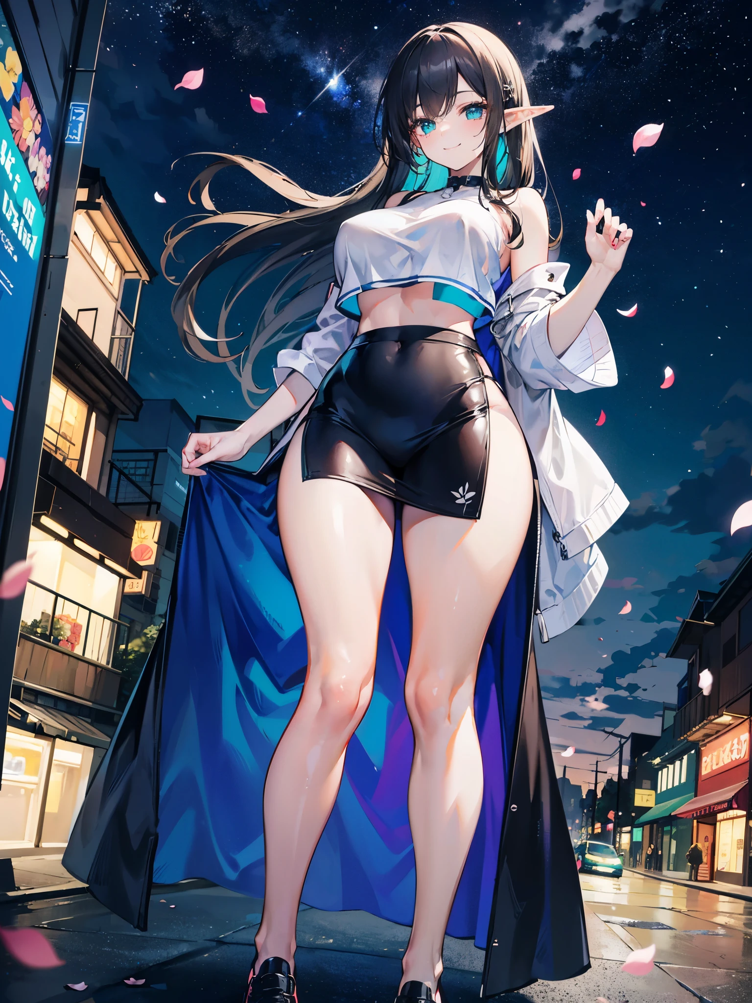 Realistic and detailed image of an elf. Thick short dress style sweater, braided knit, oversized, long sleeve with round neck. Earrings, necklaces and bracelets. Long silky black hair with colorful highlights. Turquoise eyes. Long eyelashes. Large breasts, thin waist, wide hips and thick thighs. smiling. Arched back. Sitting in a city. Surrounded by buildings. flower petals. starry night. Volumetric light. Ambient light.