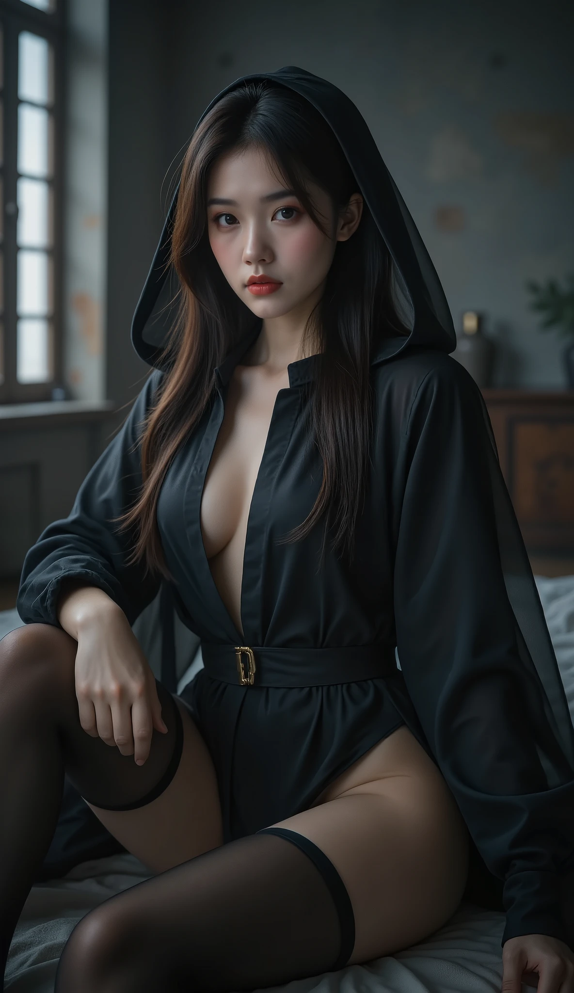 (masterpiece, best quality:1.2), thepit, 1girl, solo, thighhighs, shorts, hood, gloves, fingerless gloves, long hair, hoodie, black thighhighs, princess peach from mario Bros