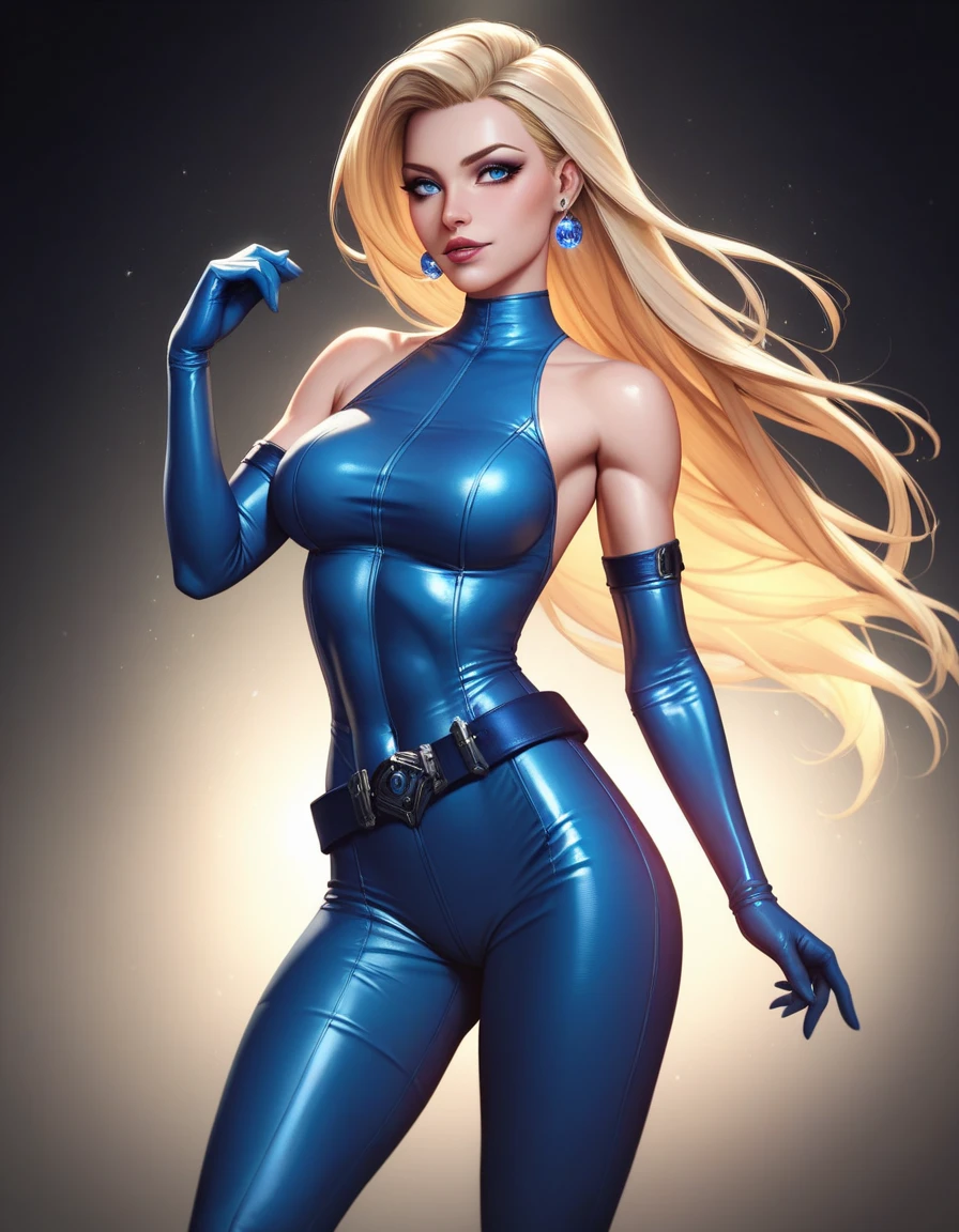 A muscular blonde MILF wearing a blue patent leather tube top, blue patent leather shorts, blue patent leather gloves, blue patent leather knee-high boots, black fishnet stockings and a gentle smile