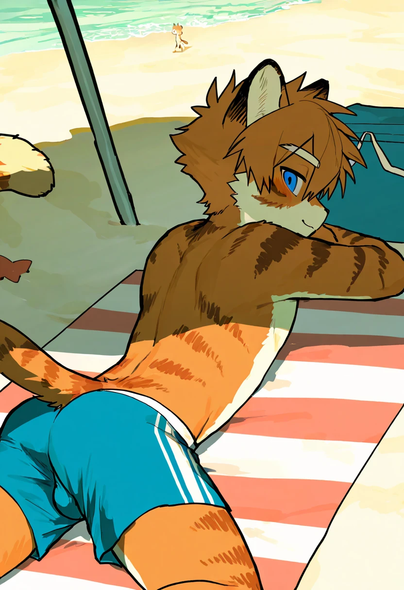 score_9, score_8_up, score_7_up, male, furry, high quality, hires, anthro, teenager, 16 years old, domestic cat, bright yellow fur, blue eyes, wide brown eyebrows, an excited expression, humanoid feet, slim body, prominent v-line, prominent abs, prominent legs, prominent forearm, prominent knees, white background, treasure trail, armpit hair, furry legs, in various sexy poses, headphones, casual clothes, joggers, shorts, showing off, sitting, patting his legs