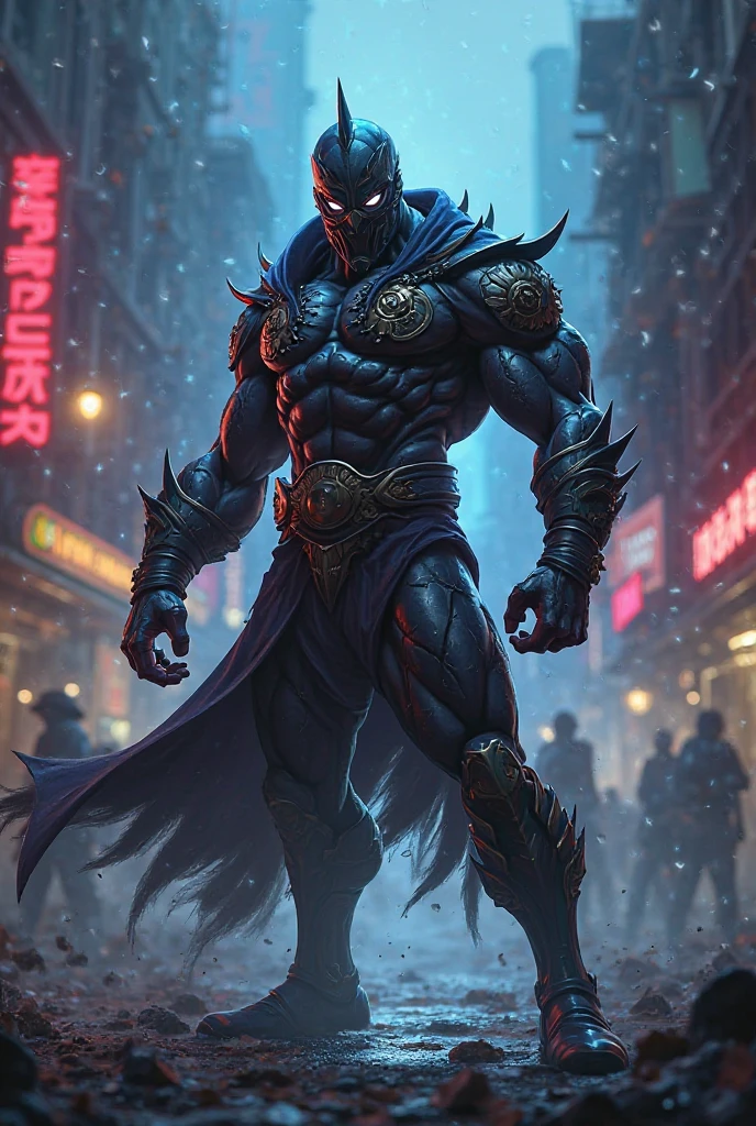 A horrifying and large muscular creature with no visible face, only its black and horrifying eyes that come out of darkness before them as it wears a cloth bag that entirely covers its face. His face is completely covered by a cloth bag that hides his horrible and disgusting appearance