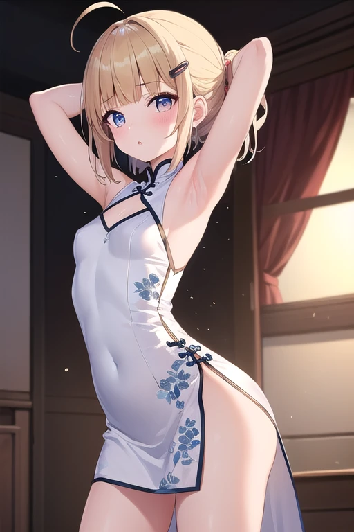 ultra detailed, best quality, high resolution, ((16k)), ((1girl)), pale skin, petite, (glossy blonde hair:1.5), (very short hair), (ahoge:1.3), (glasses), pointy ears, (blush:1.5), blue eyes, medium breasts, smile, cowboy shot, chinese store, big hair ribbon, ((double bun)), ((fang)), open mouth, (forehead:1.3), (thick eyebrows), ((pretty china dress)), ((fall down)), ((wavy mouth)), ((panty shot:1.5)), nsfw, (clothes lift), bare breasts