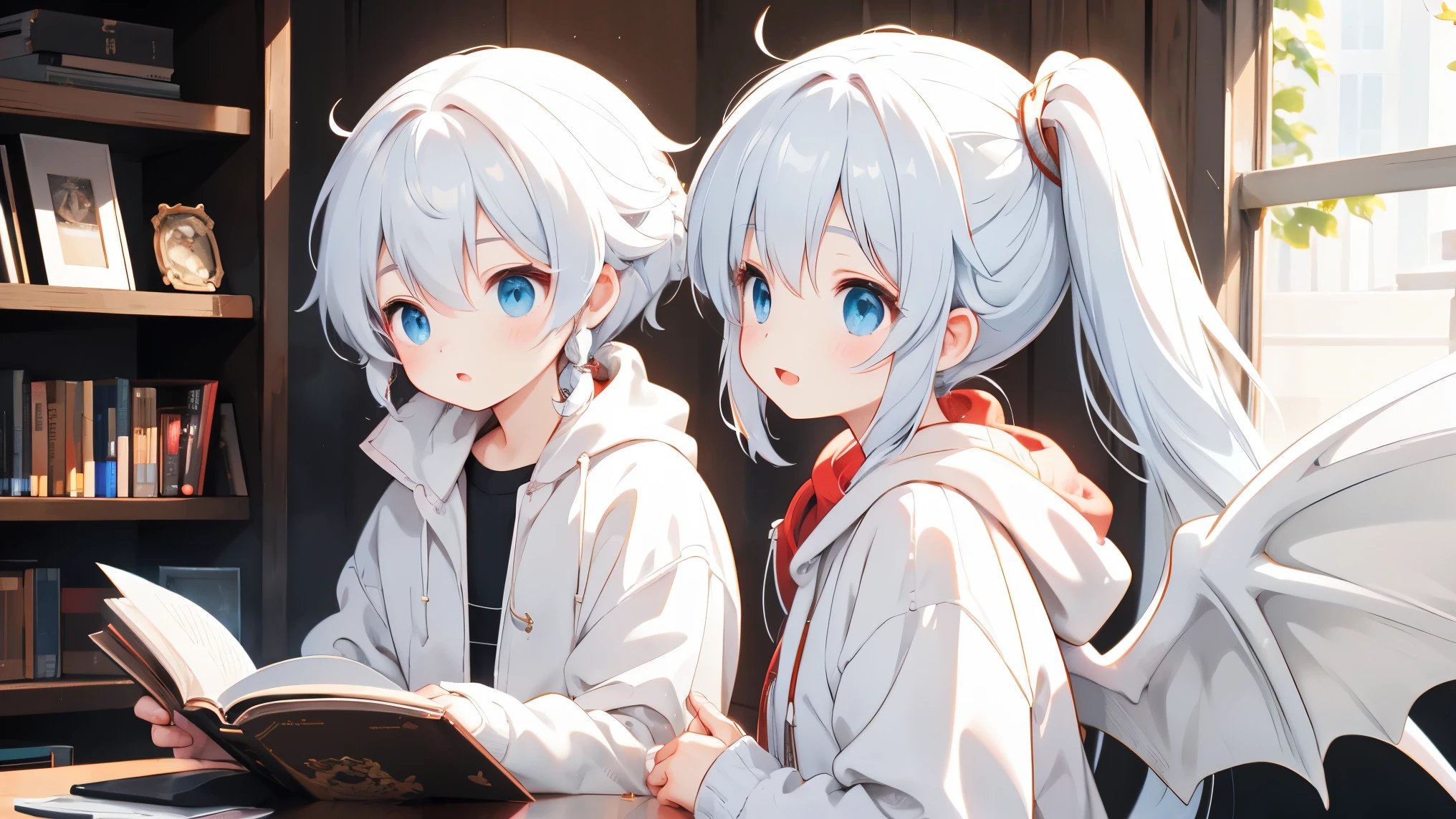 Dragon Girl ， double ponytail，white lightweight jacket，Magnificent Jiyaki ，Holding a book in his hand，Dragon Horn，Dragon Wings， red
