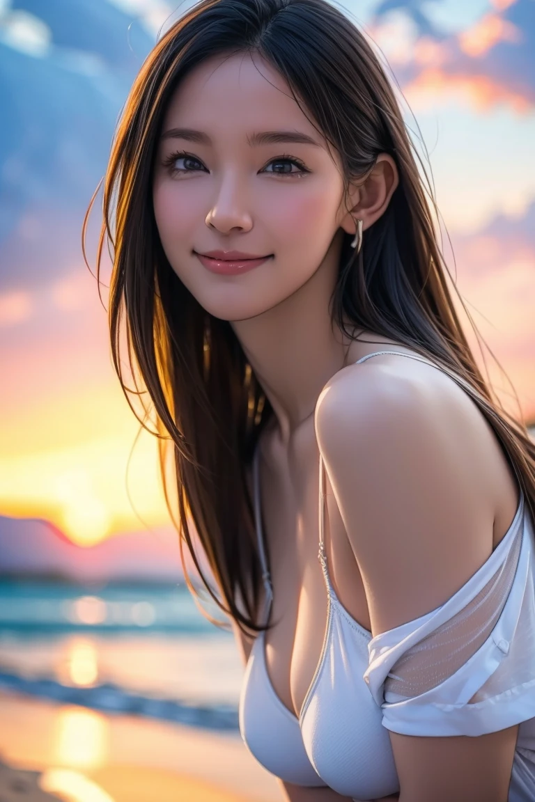 Anime Style, In the sky, Across the sea, Open both eyes, Fine-grained, In the sunset, smile, masterpiece, 8k Raw Photo:1.5, Detailed face, Good anatomy, Soft skin texture, Soft and sexy lips, highlight, Lens flare,