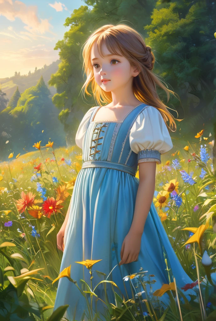 Illustration of a girl, 1 blonde child of 10 years, "happy" in an enchanted flower garden, wearing long dress of braco and blue color, blue sky of clouds, playing with butterflies, beautiful illustration, beautiful UHD 4k art, a beautiful art illustration, art in the style of guweiz, atey ghailan 8K, artgerm and atey ghailan, girl, 1 blonde child of 10 years, wearing long dress of white and blue color, happy in an enchanted flower jadim, playing with butterflies, (butterflies). (best quality, masterpiece), pose, particles, wind, flower, full body, enchanted garden background, looking at the butterflies. --auto