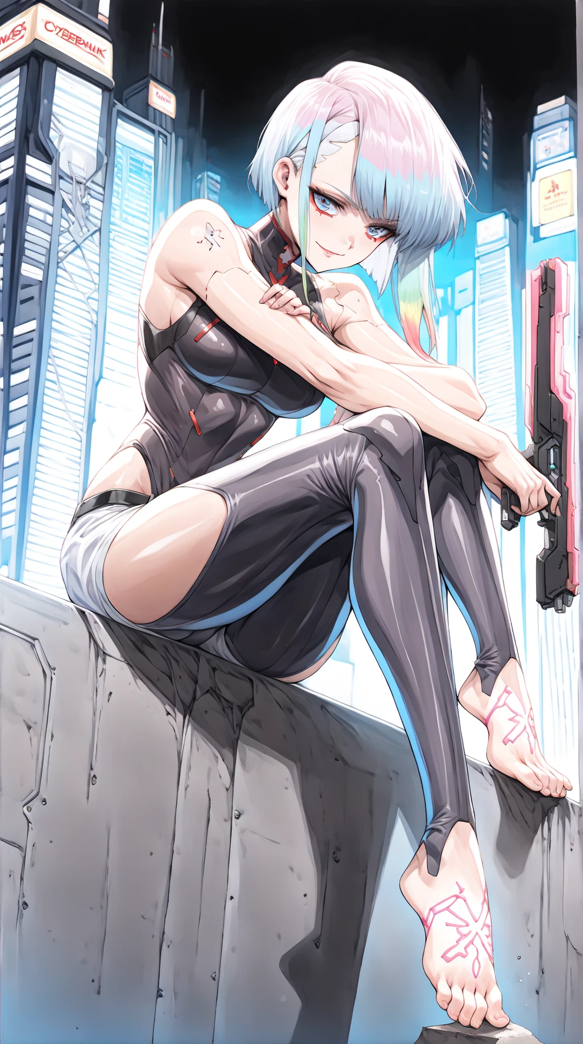 (masterpiece:1.2), (best quality:1.2), intricate details, perfect anatomy, (Lucy from Cyberpunk Edgerunners:1.3), (cybernetic assassin, futuristic rogue:1.3), ((shiny black bodysuit:1.4, cyber-enhanced clothing, form-fitting, glossy texture, sleeveless, high collar, deep cut:1.3, subtle neon highlights, red accents:1.2)), ((exposed shoulders, delicate yet strong arms, cybernetic shoulder tattoo:1.3)), ((long, slender legs, black stirrup legwear, toeless leggings, flawless glossy skin:1.3, barefoot, detailed toes, slightly arched feet resting on metal:1.4)), ((intense glowing blue eyes:1.3, gradient hair with pastel and neon colors:1.4, soft white-to-blue-to-purple tips:1.4, strands softly moving with the wind:1.3, piercing gaze, confident smirk:1.2)), ((sitting on the edge of a towering cyberpunk skyscraper, legs elegantly crossed, one foot resting on the ledge, holding a futuristic weapon with neon engravings:1.3)), ((massive neon-lit cityscape in the background, towering skyscrapers, glowing holograms, deep blue and purple cyberpunk skyline:1.4, misty neon haze, vibrant neon reflections on metallic surfaces:1.3)), ((low-angle shot, cinematic perspective, dramatic backlighting, intense depth of field, glowing yellow energy wires weaving through the scene:1.3)), ((cyberpunk warrior, lone survivor, a shadow in the neon-lit future:1.4))