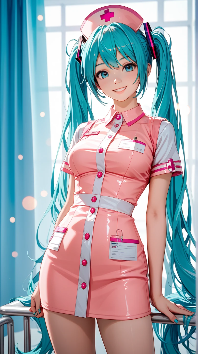 1girl, drawing, aqua_hair, aqua_eyes, dress, frills, hat, hatsune_miku, pink_lips, long_hair, large_breasts, cleavage, choker, looking_at_viewer, , nurse, nurse_cap, pink_dress, realistic, skirt, smile, solo, traditional_media, twintails, very_long_hair   <lora:nurse-miku-20:0.2>