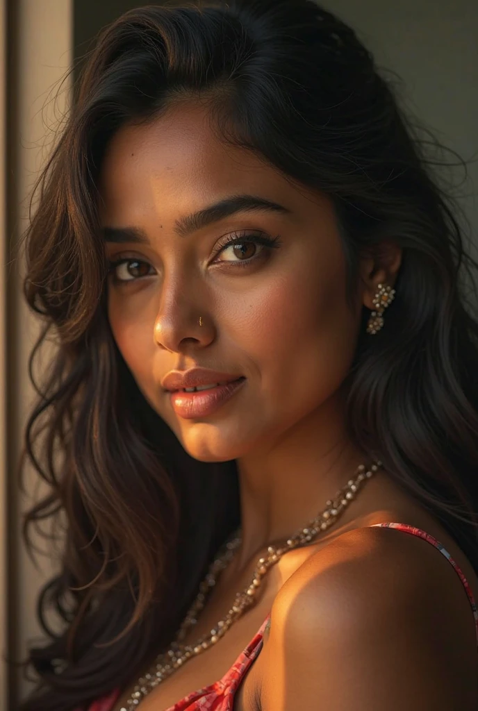 A young indian woman aged 23, masterpiece, high quality, ultra realistic, body measurements-33:27:36, absolutely stunning, beautiful detailed portrait, light brown skin color, brown eyes,brown wavy hair till waist, oval shaped face, pointed chin, 8k, heart shaped lips, thin pointed eyebrows, sharp neckline, closed mouth, consistent,height-5'3, weight-45 kg, small monolid eyes, exact fingers, human, highly rendered,8k, realistic, pointed ear shape, straight snub nose, clear face, hyper realistic, lighting, sharp details,consistent face and body