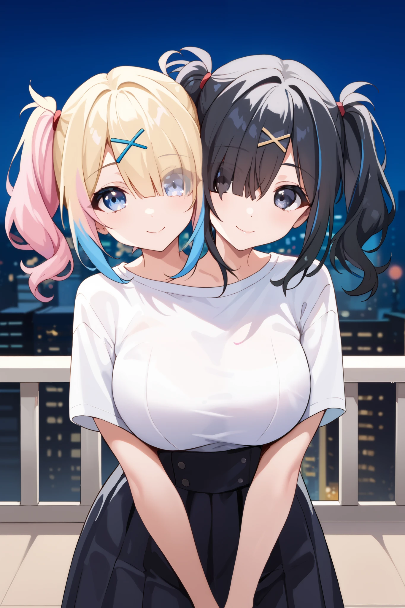 3heads, threeheads, a tall thin woman with 3 heads, AmeChan, black hair, black eyes, medium hair, twintails, hair over one eye, x hair ornament, KAngel, blue eyes, multicolored hair, blonde hair, blue hair, pink hair, large breasts, front shots, city, night