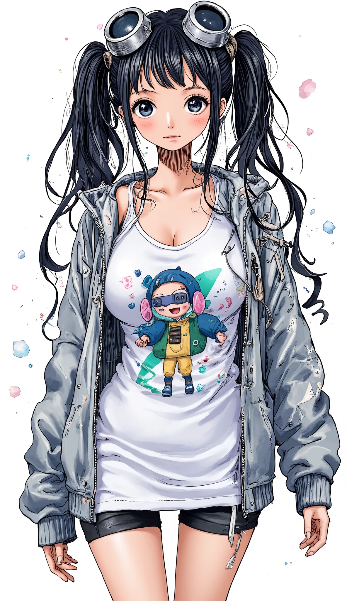 Alone、alone、girl、ultra detailed、pastel art、background is stark white、on3pi3c3styl3、ground、pastel collar、beauties、Big Breasts、adult、(black)hair、twin tails、t-shirt、(gray)ロングjacket、is ashamed、rocket launcher、(gray)jacket、sniper goggles、28 years old、embarrassed expression