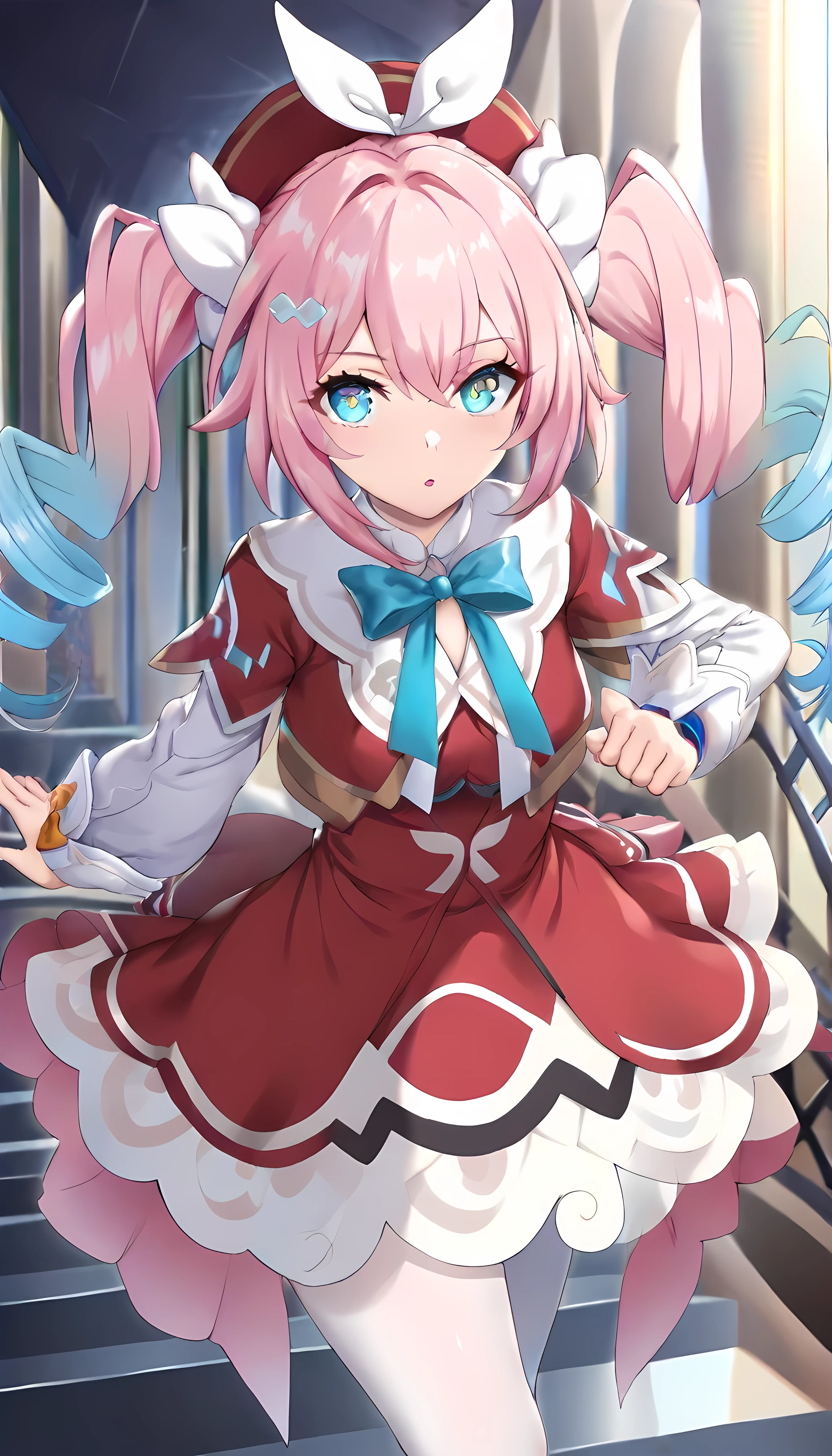 score_9, score_8_up, score_7_up, BREAK source_anime, ( masterpiece), (Best Quality), hyacine \(honkai star rail\), 1girl , pink hair, Alone, twintails, multicolored hair, dress, long sleeves, red headwear, pantyhose, gradient hair, white pantyhose, looking at viewer, hat, long hair, bow, red dress, hair between eyes, aqua eyes, puffy sleeves, parted lips, blue hair, sidelocks, puffy long sleeves, bowtie,Shiny Eyes , beautiful eyes, enchantment, erotic, shiny skin thighs, sexy, shining eyes, (Cute Illustrations:1.3), ( high chroma:1.3), detailed beautiful face and eyes, dynamic lighting,, masterpiece,Best Quality, great quality in the midst of intensity, ray tracing,,