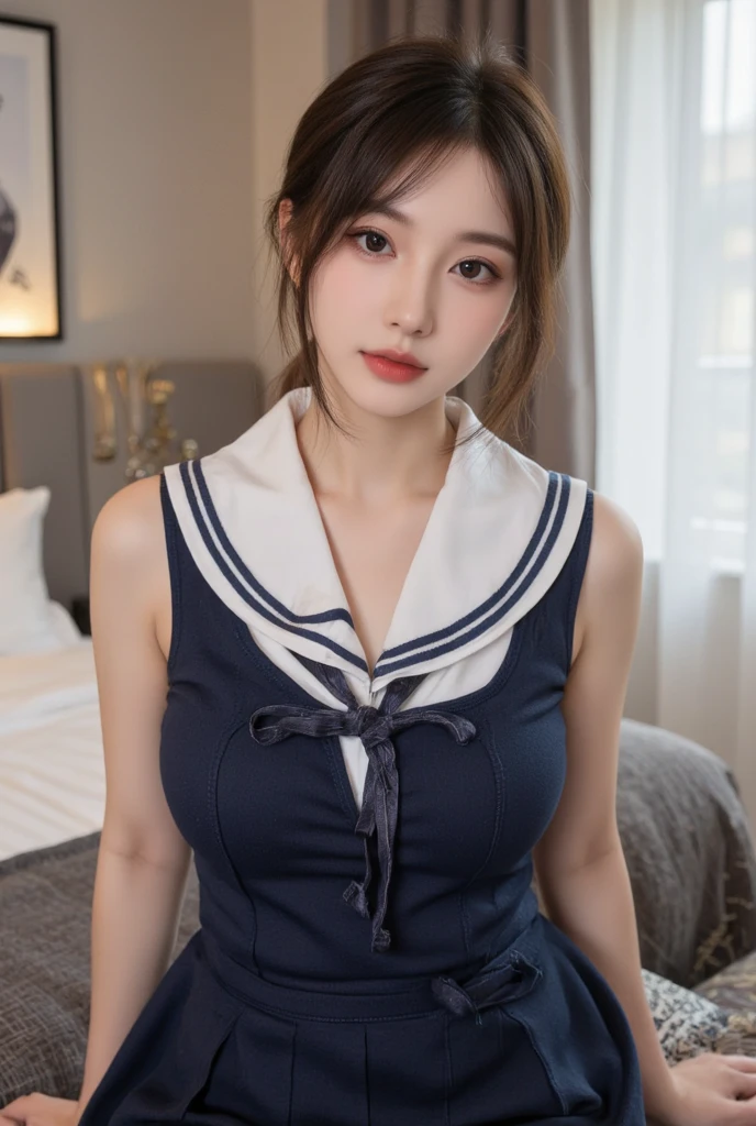 1 girl, (highest quality:1.4), (Very detailed), (Very detailedな美しい顔), Great face and eyes, black eye, Black Hair, (Sailor suit, school uniform:1.2), (Cleavage), Smooth, 8K wallpaper incorporating highly detailed CG, High-resolution RAW color photos, Professional photos, Light, BackLight, dream-like, impressive, Written boundary depth
