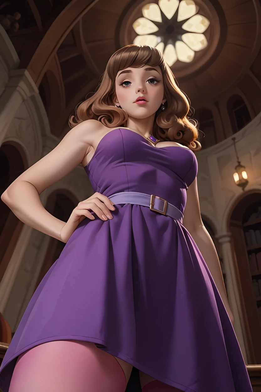 DisneyAurora 27 years old, ((( Selena Gomez:Emma Stone:0.7))) Beautiful woman (((shoulder length light brown hair))) (bangs:1.2) ((sparkling bejeweled short sleeve long lilac dress with matching high heels)) defined body, Red lipstick, smiling, hands free, standing, on a space station overlooking Earth, (huge_breasts:1.4) (curvy:1.2)(chubby:1.2)