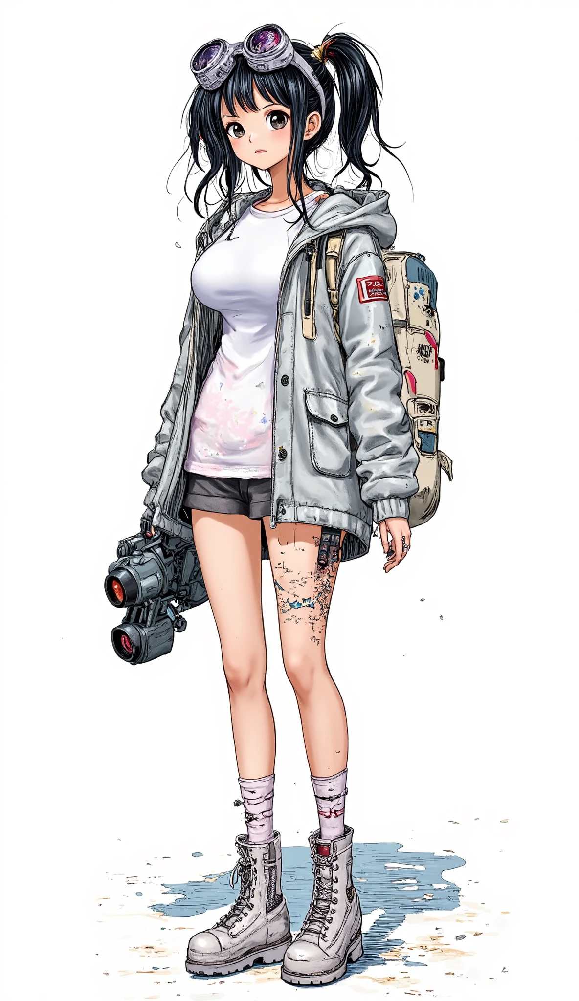 Alone、alone、girl、ultra detailed、pastel art、background is stark white、on3pi3c3styl3、ground、pastel collar、beauties、Big Breasts、adult、(black)hair、twin tails、t-shirt、(gray)ロングjacket、is ashamed、rocket launcher、(gray)jacket、sniper goggles、28 years old、embarrassed expression、long boots