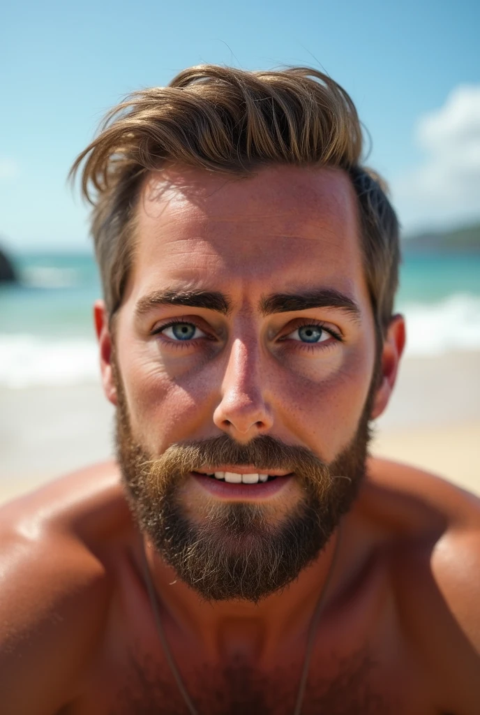 Good looking 33 year-old guy with blue eyes, short blonde hair a beard and a very hairy chest on the beach