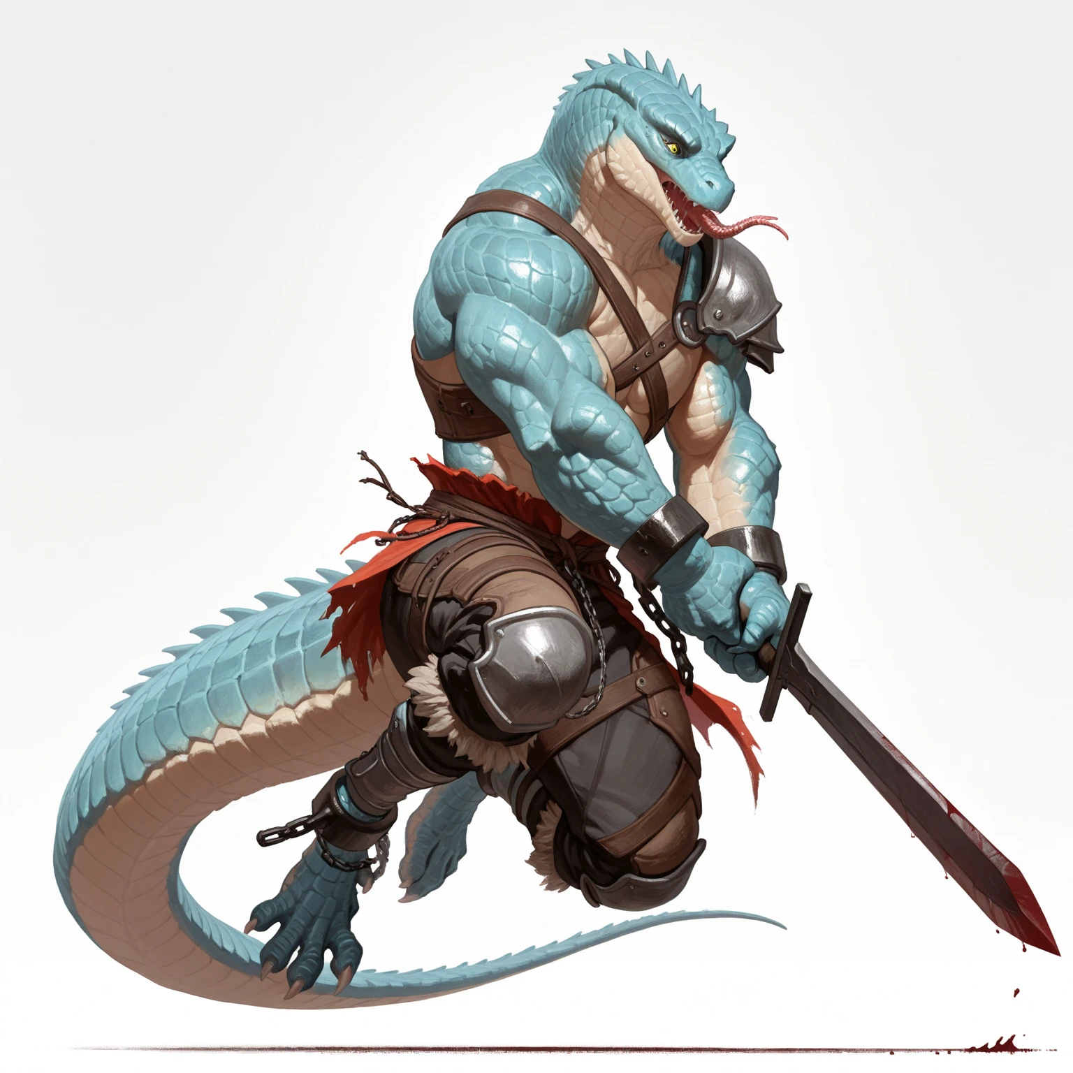 Solo Sexy anthro scalie dragon male mercenary medieval solider, slim endomorph muscular handsone model male apperance, sword scars, worn out rusty skimpy armament, low on hips heavy leather belt, old very worn out skimpy dirty linen material jockstrap, old yellow dirty worn out stains on white jockstrap, studded skimpy armlets breastplate armor, skimpy breastplate, leather bondages, fingerless leather gloves, smelly unwashed husk, dirty body look, desert battlefield, standing in sexy fighting position, close view of full character
