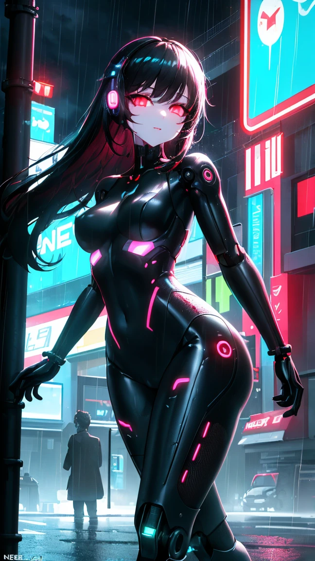((Best Quality)), ((Masterpiece)), (Detail: 1.4), Intricate details, Cinematic lighting, Sharp focus, Detailed face, Goddess with red eyes, (A Beautiful Cyberpunk Woman with long black hair:1.5), (((((Black and red gradation hair))))), (Dark skin:1.4), (White Cyber bodysuit with glowing lights), (Tall Woman), Armored boots, (Huge Breasts:1.4), (Perky breasts:1.3), (Smal waist:1.3), (Long Legs:1.4), (Cameltoe:1.4), (Confident expression), Futuristic City, Cyberpunk ambience, Night, (Only 1 woman:1.6),