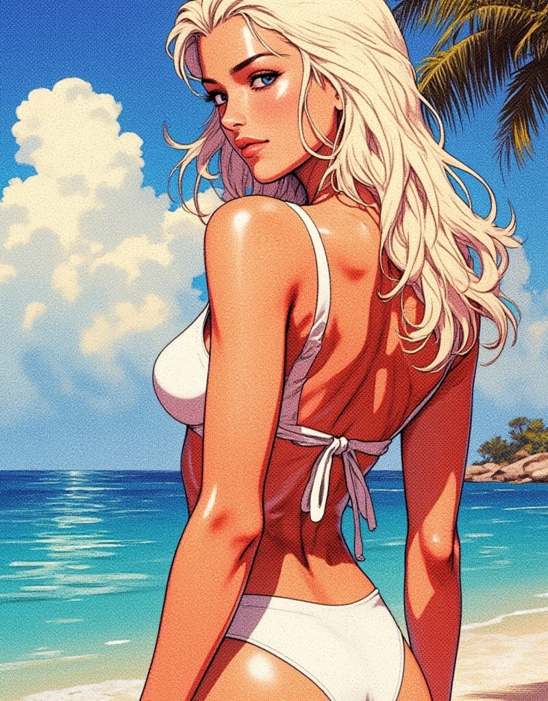 well-endowed Jessica Simpson in a white bikini, comic style