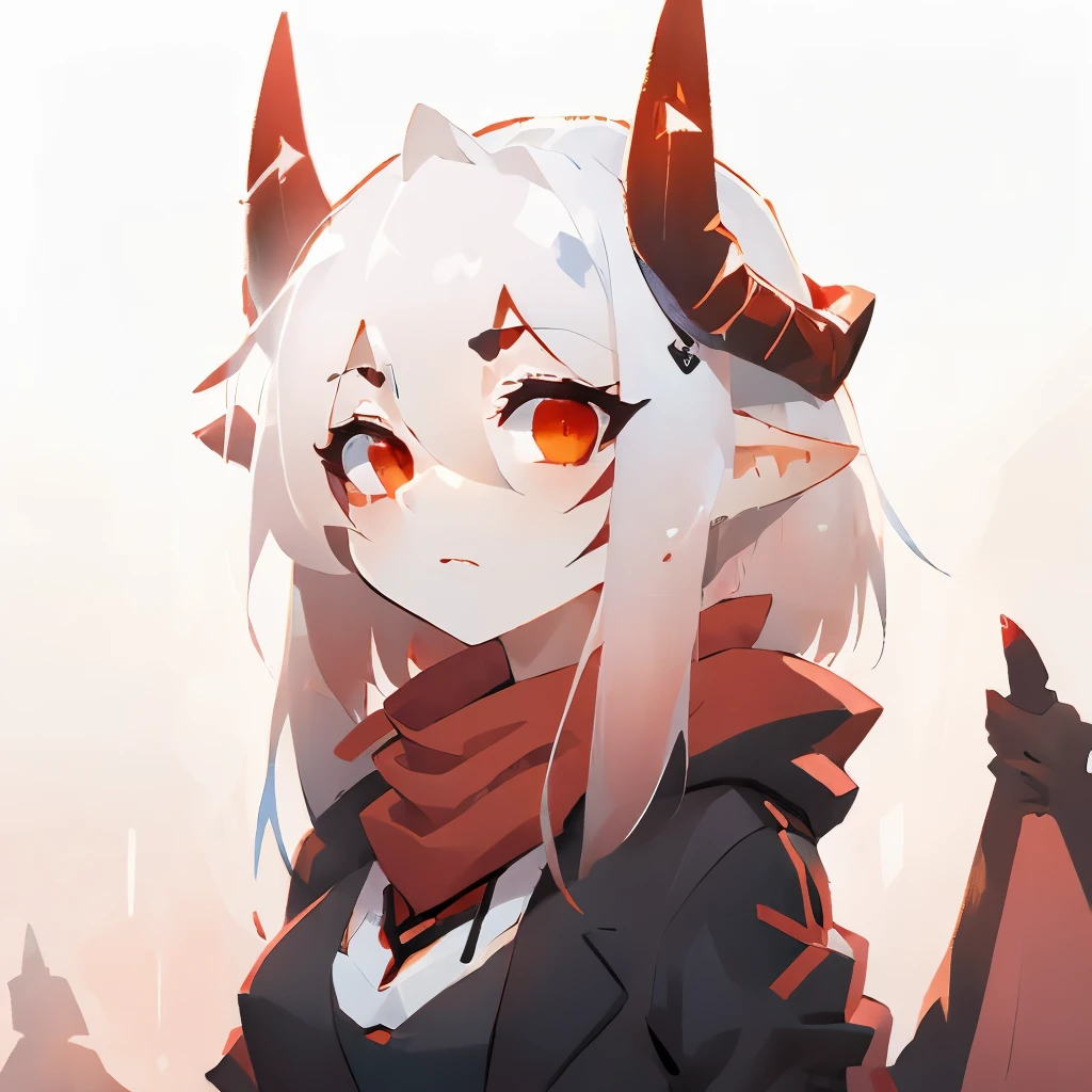 1girl, Fantasy creature characteristics, Mythological Creatures, Demon Girl, (highly detailed, masterpiece:1.2), There pairs of curved short horns above the ears., black horns, slit pupils, dragon wings, Upright ears, white hair, (red eyes), (gradient eyes), streaked hair, gradient hair, red bangs, Red overcoat with white Shirt, red scarf, short_hair, (whole body:1.3), flat_chest, from arknights, warfarin_arknights, simple background, Front view, Vampire wings, close-up, best quality, 4k, 8k