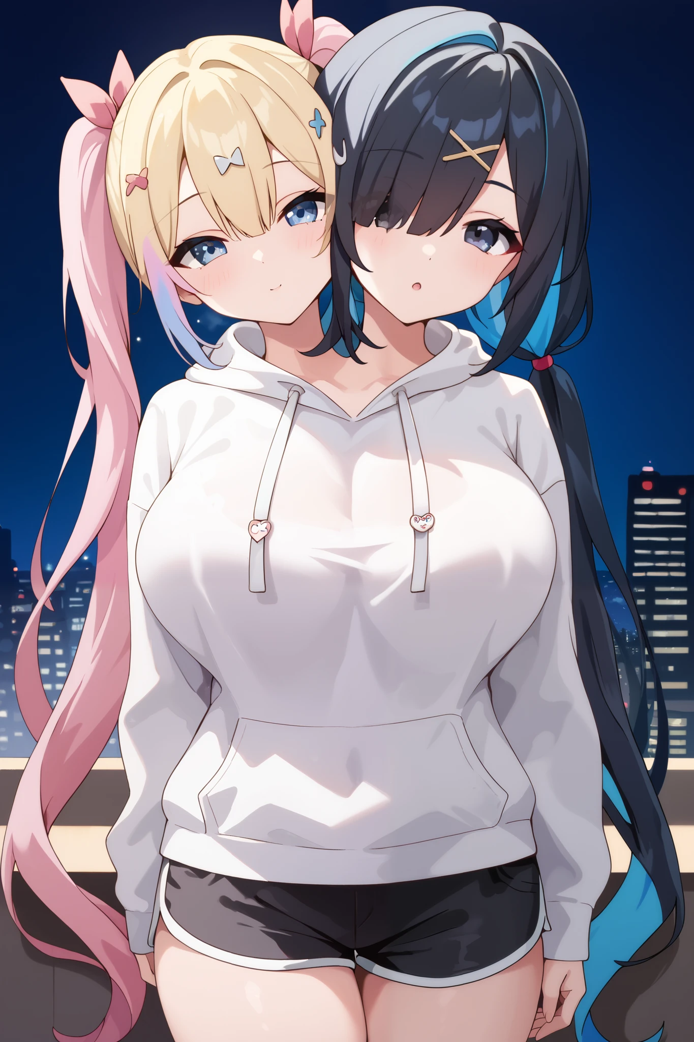 2heads, twoheads, a tall thin woman with 2 heads, conjoined, AmeChan, black hair, black eyes, medium hair, twintails, hair over one eye, x hair ornament, KAngel, blue eyes, multicolored hair, blonde hair, blue hair, pink hair, very long hair, quad tails, multiple hair bows, white hoodie, black shorts, large breasts, front shots, night, city