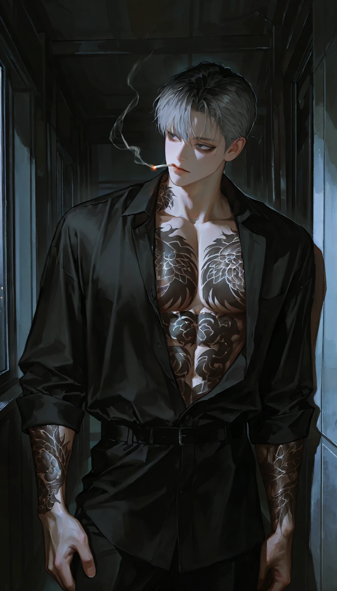 middle-aged male, handsome, black hair, 1 man with a gun, dark circles under the eyes , short hair, male-centered, handsome man, Thick painted , Korean Comic Style , semi-realistic art , semi-realistic art style, Expressive Brushwork, vibrant brushstrokes, Impressionist painting , Realistic Skin, realistic hair , realistic details , photorealistic, high detail, man's head turned back, gray hair, muscular, near, Yakuza tattoo, black shirt, office, dark , heavy body, big hands, dark 공간, alone, alone, Front view, cigarette