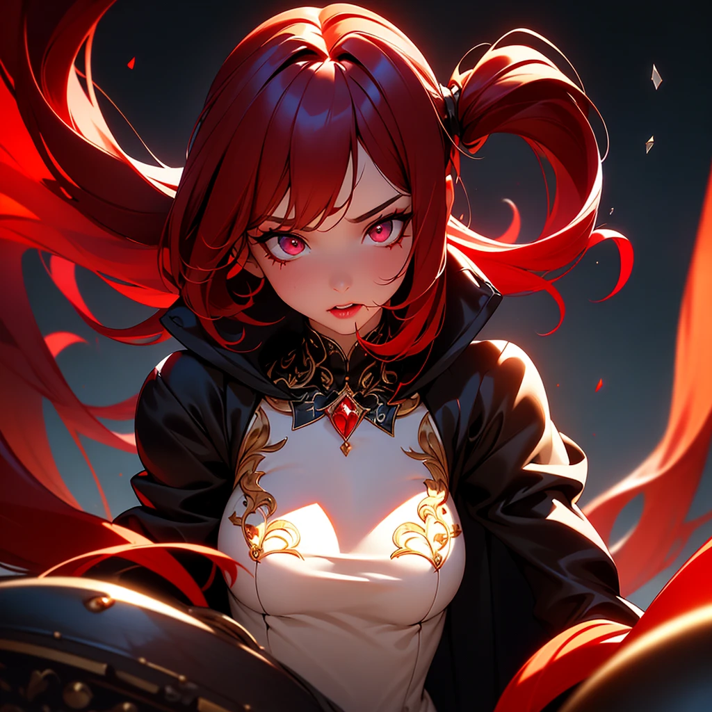 a girl, red eyes, beautiful, elegant, wearing a black dress under the moonlight, wearing a crown stained with blood