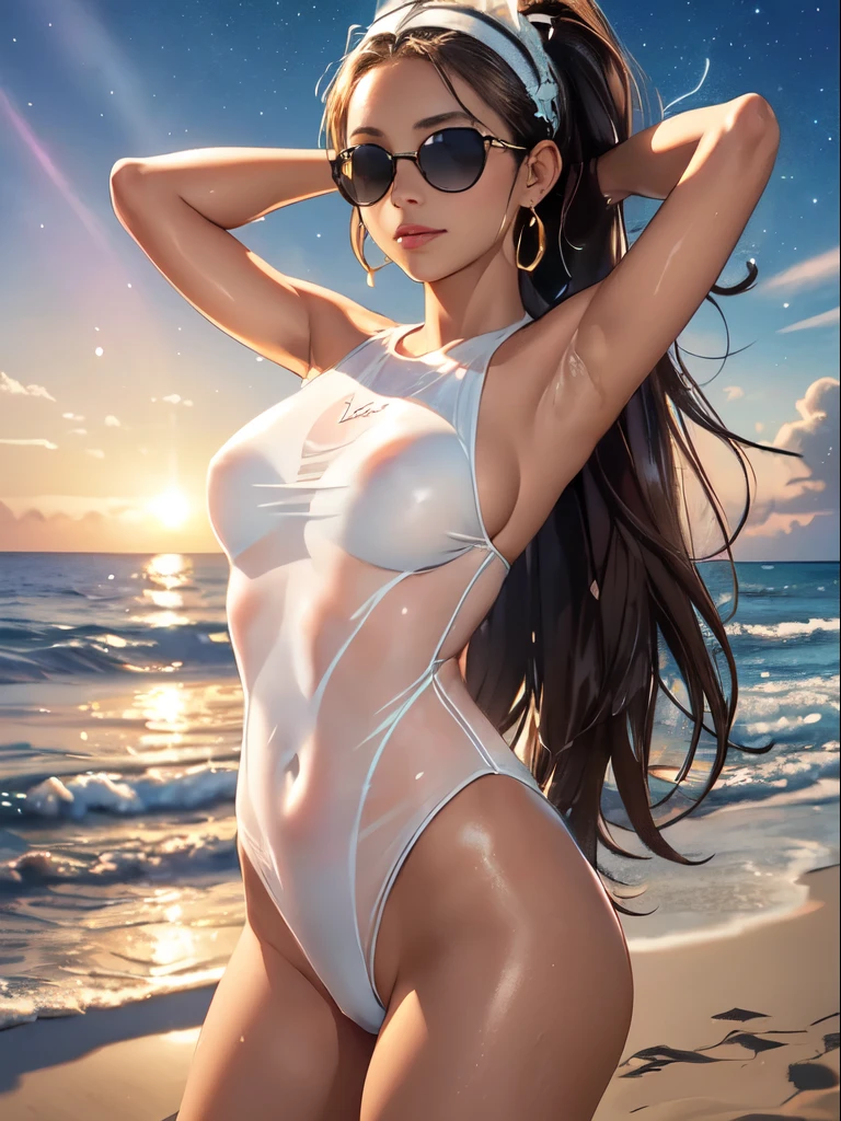 #Basics A girl is posing for a photo, animeのかわいい女の子, (((One Girl, Baby Face, Young girl, 16 years old))),
BREAK
#Clothing Accessories
((Shiny white one piece swimsuit, wet with seawater)),
BREAK
#Features
(Black Hair), (Chest-length sideburns), (Long Hair : Very long hair + Full and wavy hair + Hair blowing in the wind),
(Droopy eyes, blue eyes), (Small breasts),
BREAK
#background environment
((noon, Sunshine, Tropical Beach, blue sky)),
#Facial Expression Pose
((smiling), (Splashing and playing in shallow water)),
#composition
((Face the camera, Angle from below, Cowboy Shot)),
BREAK
#Body parts elements
(Detailed hair, Beautiful Hair, Shiny Hair),
(double eyelid, Long eyelashes),
(Expression of fine eyes, Beautiful and delicate eyes, Sparkling eyes, Eye Reflexes, Glitter Eyeliner),
(Human Ear),
(Beautiful Nose, Thin Nose),
(Glossy lips, Beautiful Lips, Thick lips, Glossy Lips, Natural Cheeks),
(Detailed face, Symmetrical facial features),
(Detailed skin, Textured skin, Beautiful Skin, Shiny skin),
BREAK
#Quality
(((Highest quality)), ((masterpiece)), ((Very detailed))), ((High resolution), (16K,1080P)),
(Realistic), (Anatomically correct),
((comics, anime)), (3DCG), CG illustration,