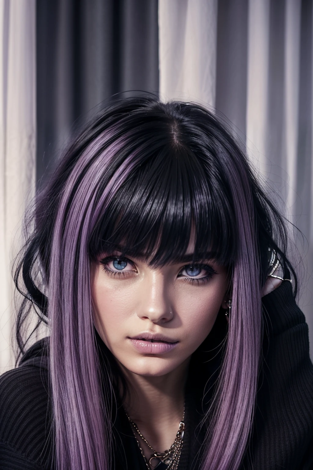 magenta hair, wolf cut hair with curtain bangs, long hair that tied, perfect face, magenta eye color, magenta lenses, fair skin, white shirt, black gloves, black jacket, black coat with spider web pattern, spider web pattern background,black coat, formal suit, attractive white female, realistic, plump lips, model